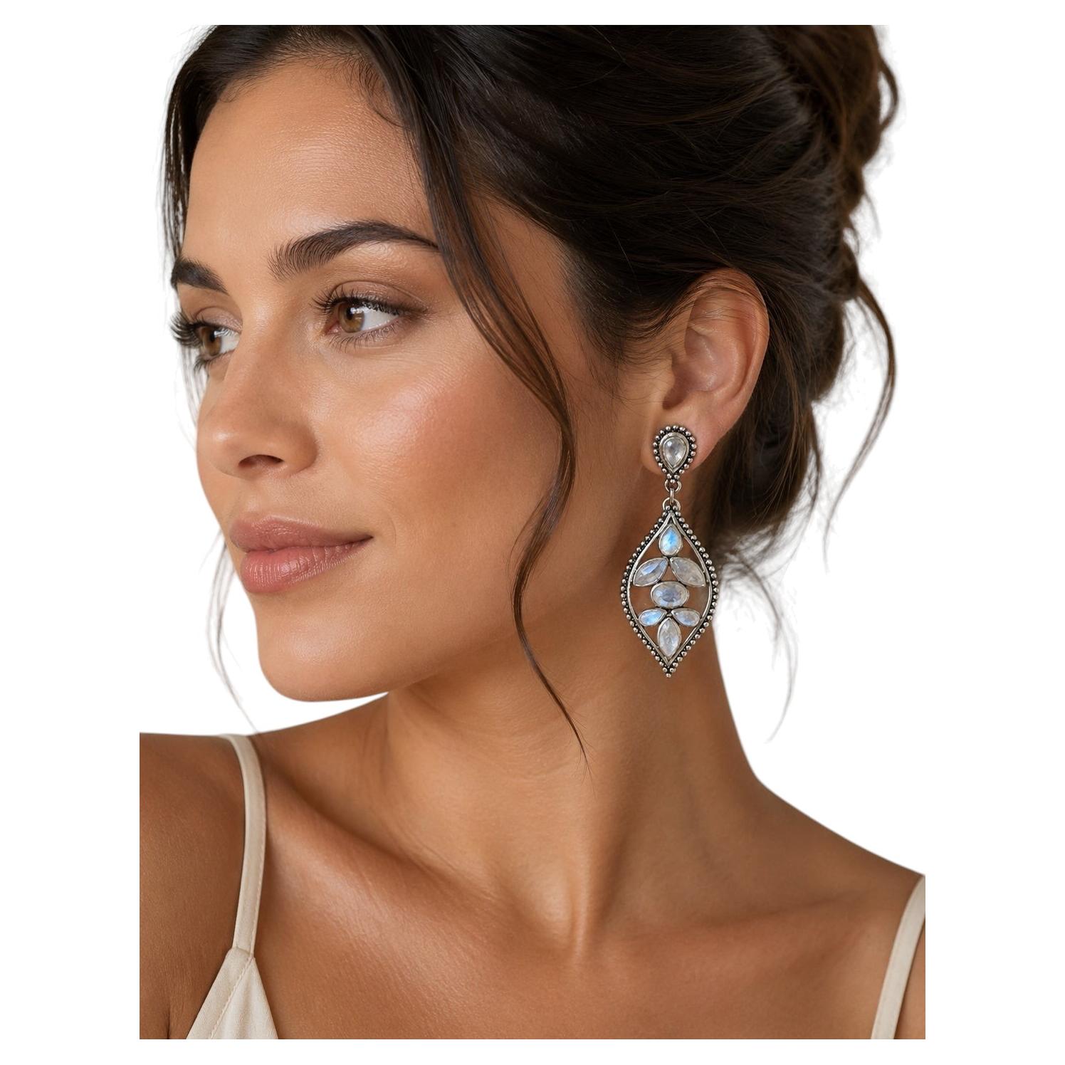 Anglo-Indian Sterling Silver Drop Earrings with Moonstone from India For Sale