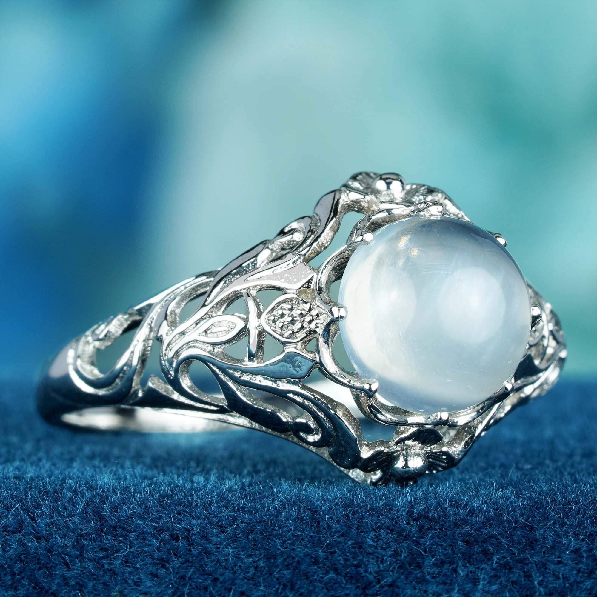 For Sale:  Natural Moonstone Vintage Style Filigree Ring in Solid 9K White Gold 2