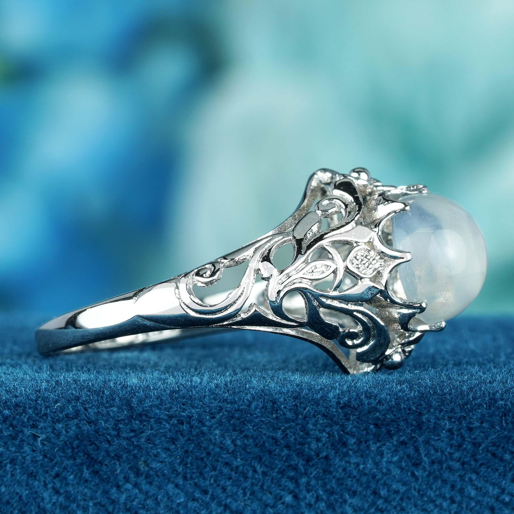For Sale:  Natural Moonstone Vintage Style Filigree Ring in Solid 9K White Gold 4
