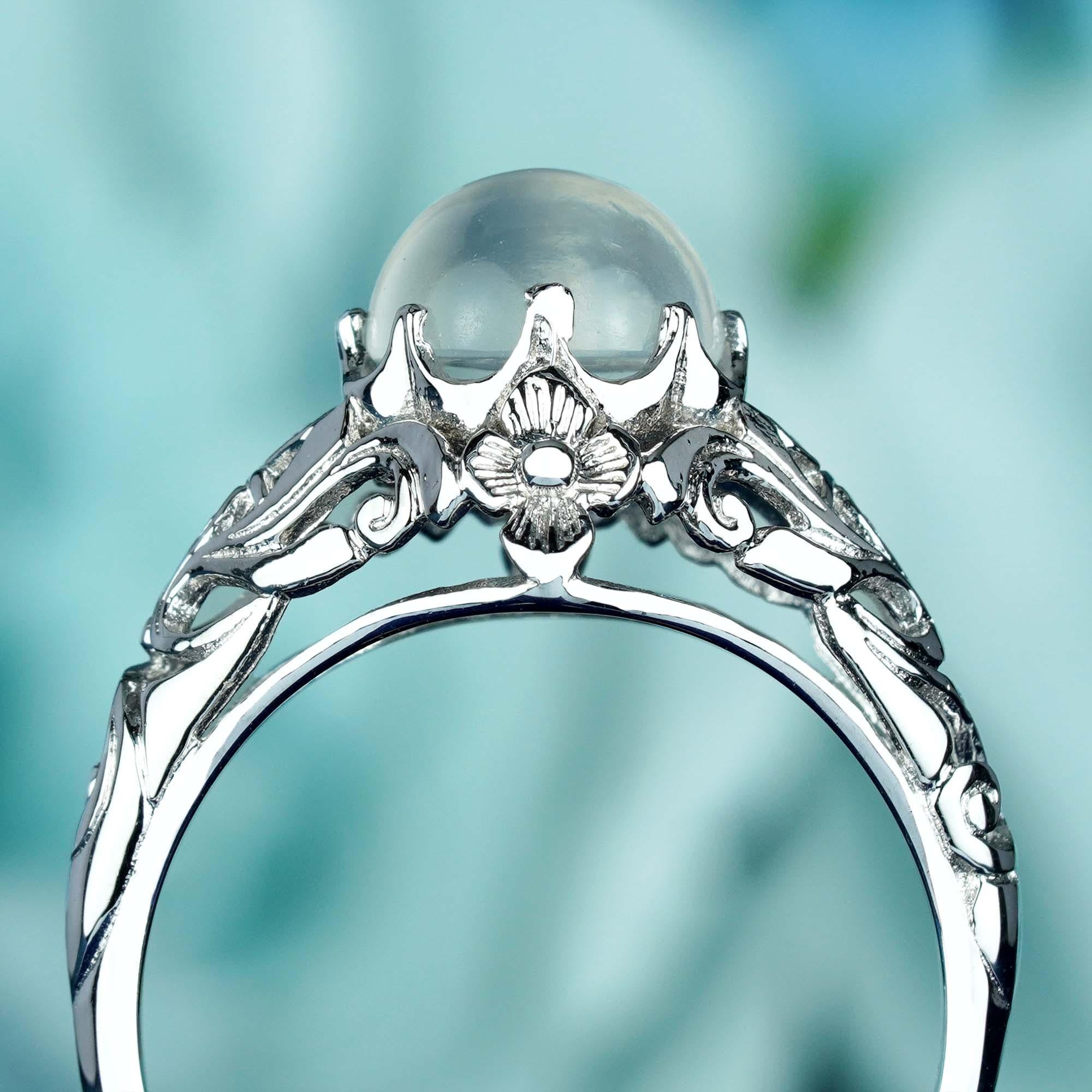 For Sale:  Natural Moonstone Vintage Style Filigree Ring in Solid 9K White Gold 5