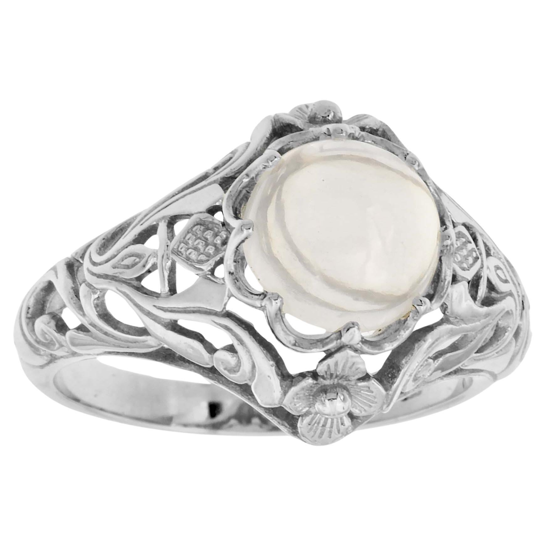 For Sale:  Natural Moonstone Vintage Style Filigree Ring in Solid 9K White Gold