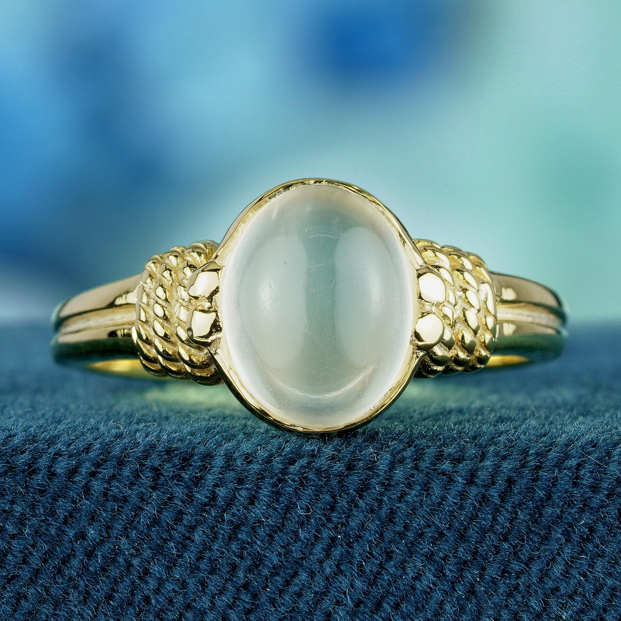Edwardian Natural Moonstone Vintage Style Rope Shoulder Ring in Solid 9K Yellow Gold For Sale