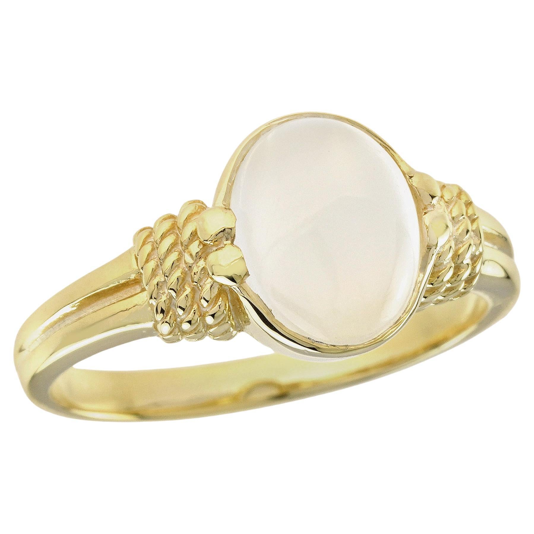 Natural Moonstone Vintage Style Rope Shoulder Ring in Solid 9K Yellow Gold For Sale