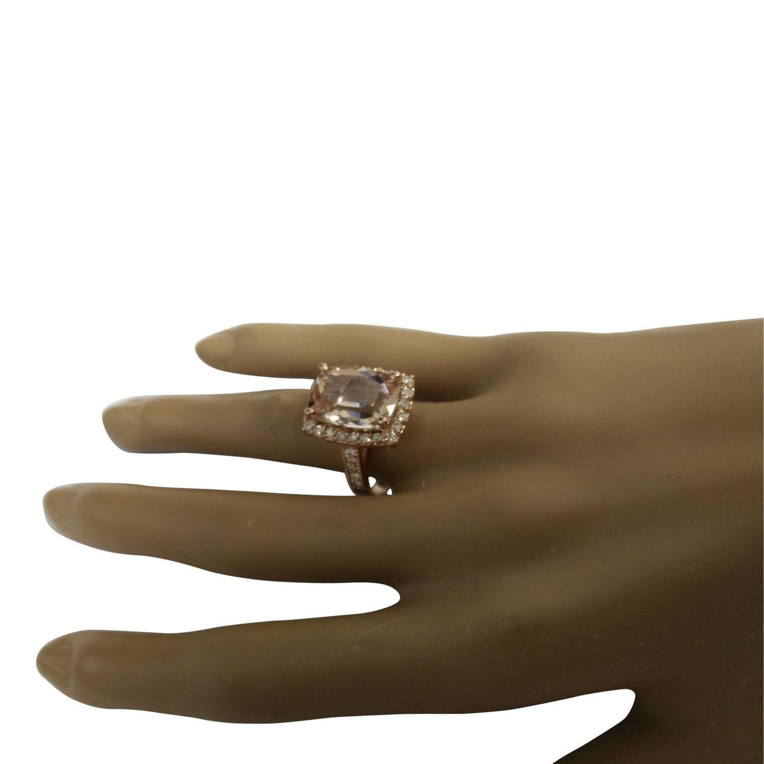 7.12 Carat Natural Morganite 14 Karat Solid Rose Gold Diamond Ring
Stamped: 14K 
Total Ring Weight: 5.7 Grams 
Morganite Weight: 6.32 Carat (14.00x10.00 Millimeters) 
Diamond Weight: 0.80 Carat (F-G Color, VS2-SI1 Clarity )
Quantity: 34
Face