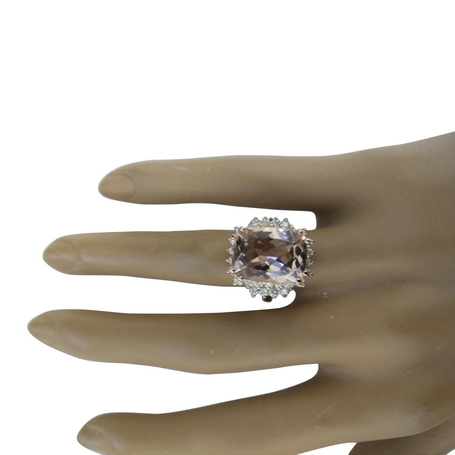 8.25 Carat Natural Morganite 14 Karat Solid Rose Gold Diamond Ring
Stamped: 14K 
Total Ring Weight: 6 Grams 
Morganite Weight: 7.25 Carat (15.00x11.00 Millimeters)  
Diamond Weight: 1.00 Carat (F-G Color, VS2-SI1 Clarity )
Face Measures: 18.30x17.30