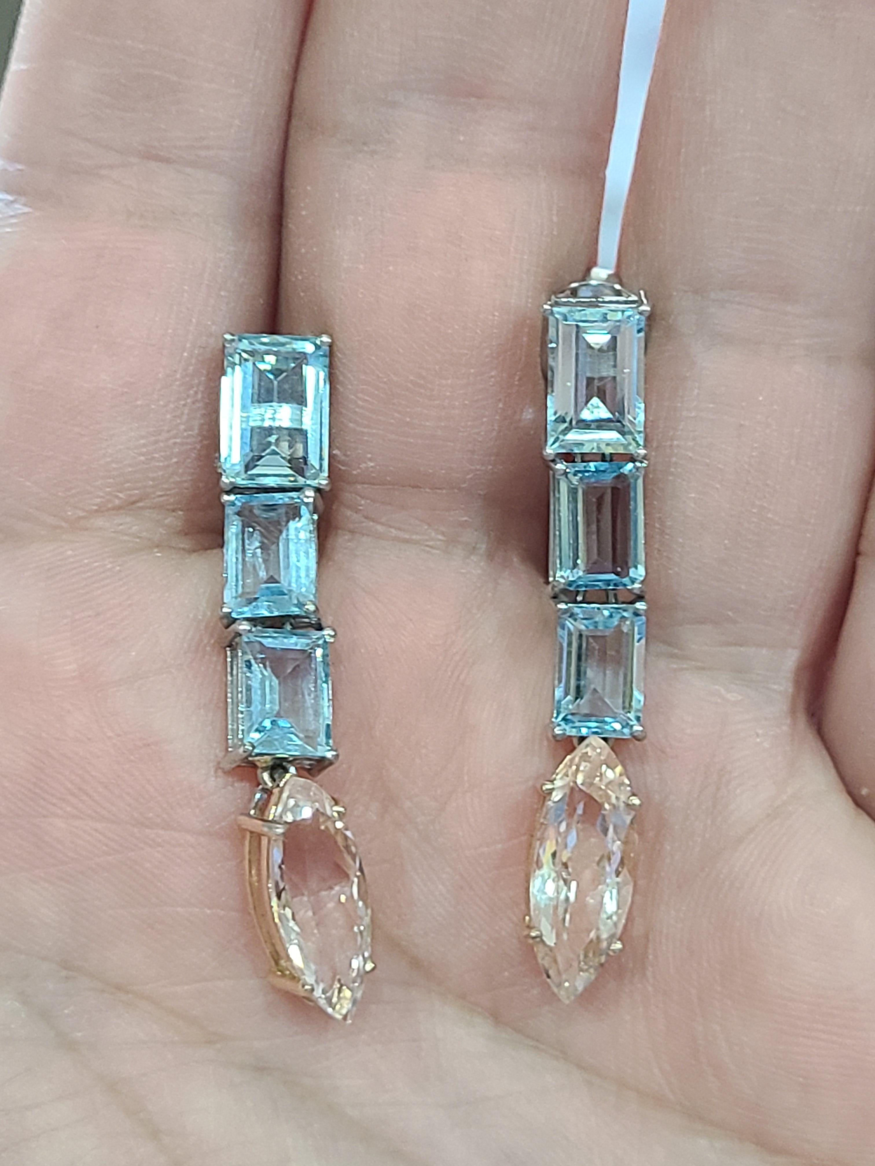 A simple and elegant earrings set in 18k rose gold and white gold with natural morganite and aquamarine. The morganite weight is 4.95 carats and aquamarine weight is 6.55 carats. The net gold weight is 5.56 grams and earring dimension in cm 4 x .6 x