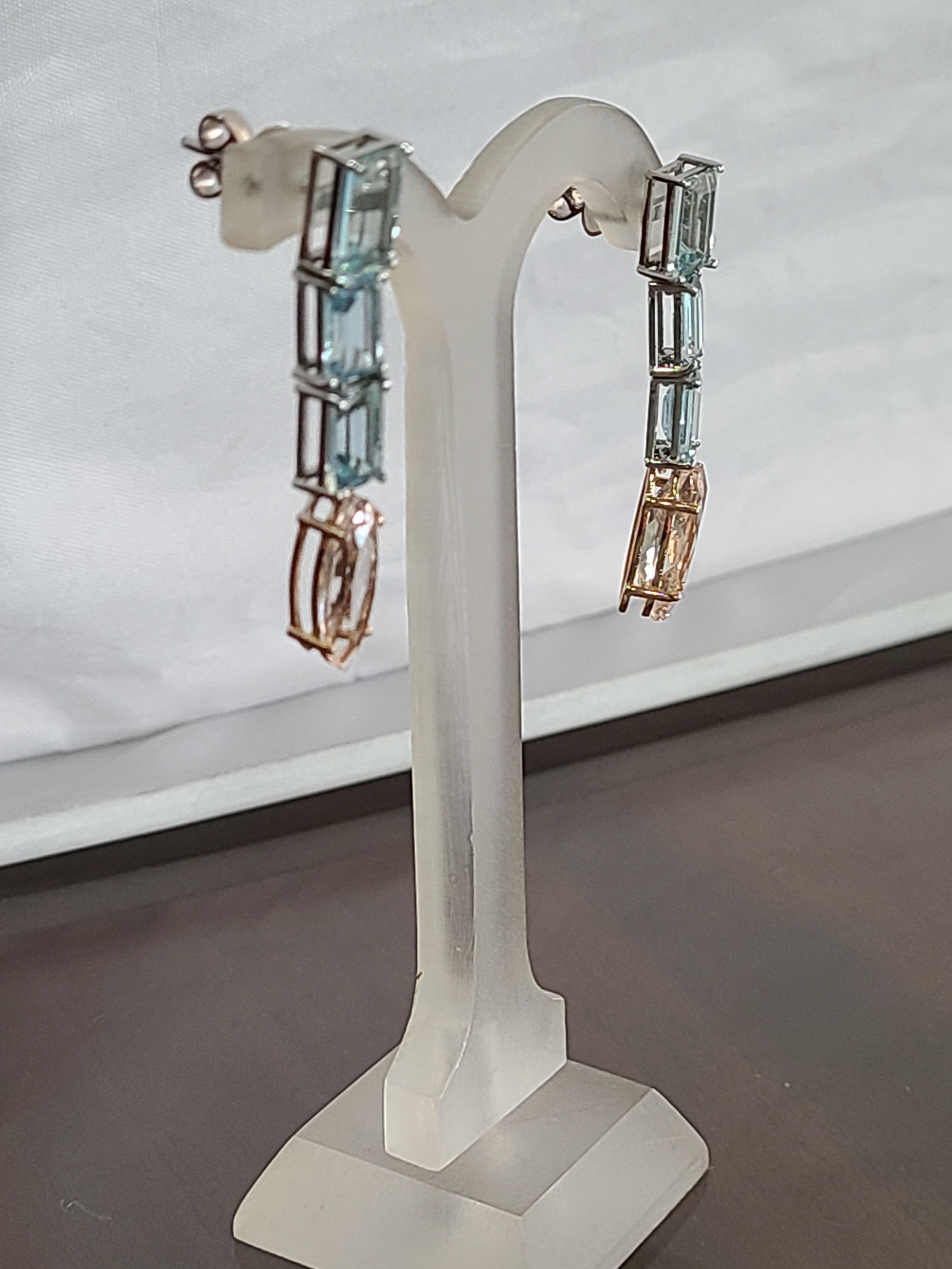 Modern Natural Morganite and Aquamarine Earrings Set in 18 Karat Gold