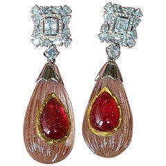 Natural Morganite and Burma Spinel Earrings Set in 18 Karat Gold with Diamonds