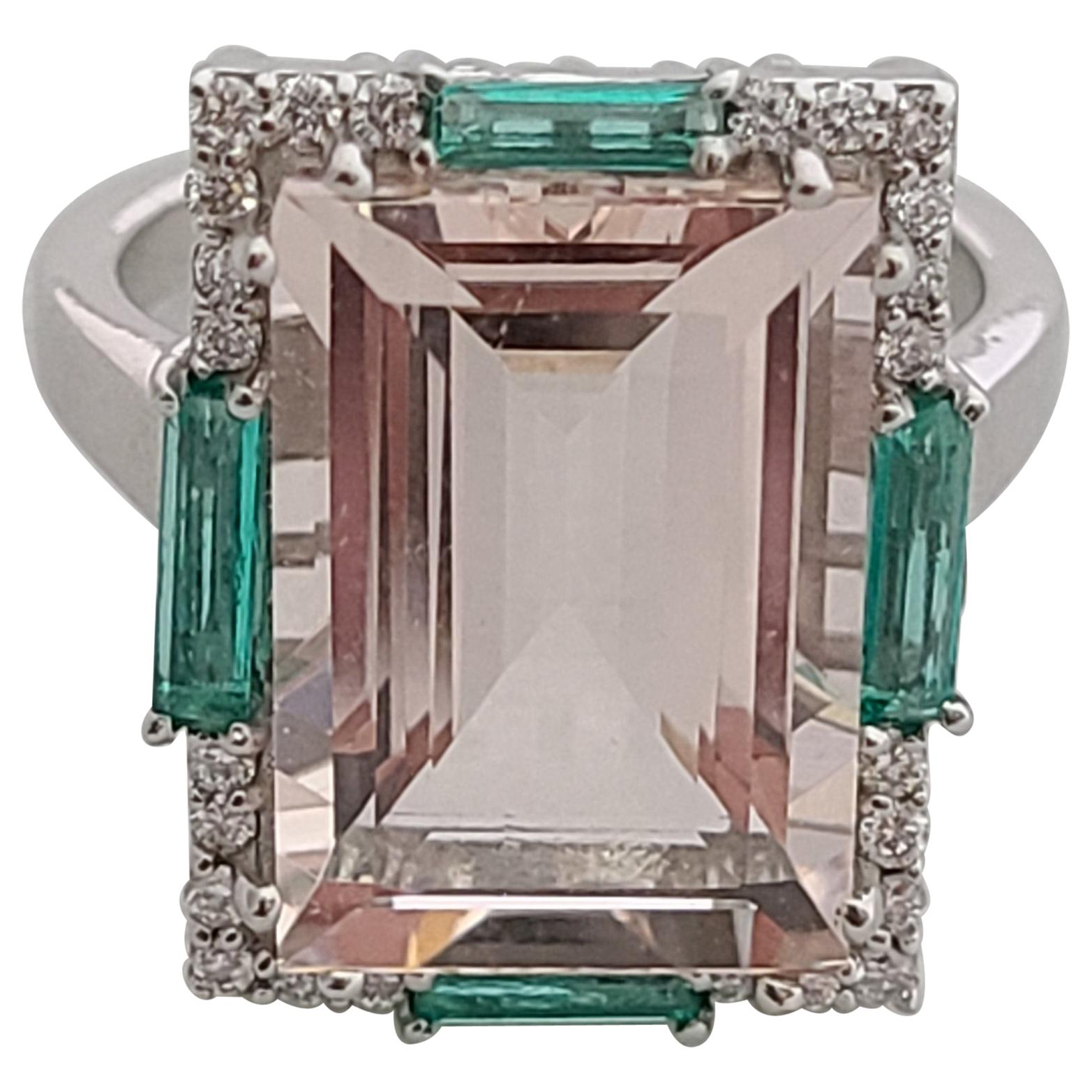 Natural Morganite and Emerald Ring Set in 18 Karat Gold with Diamonds