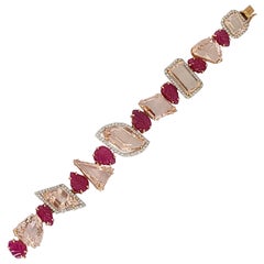 Natural Morganite and Ruby Bracelet Set in 18 Karat Gold with Diamonds