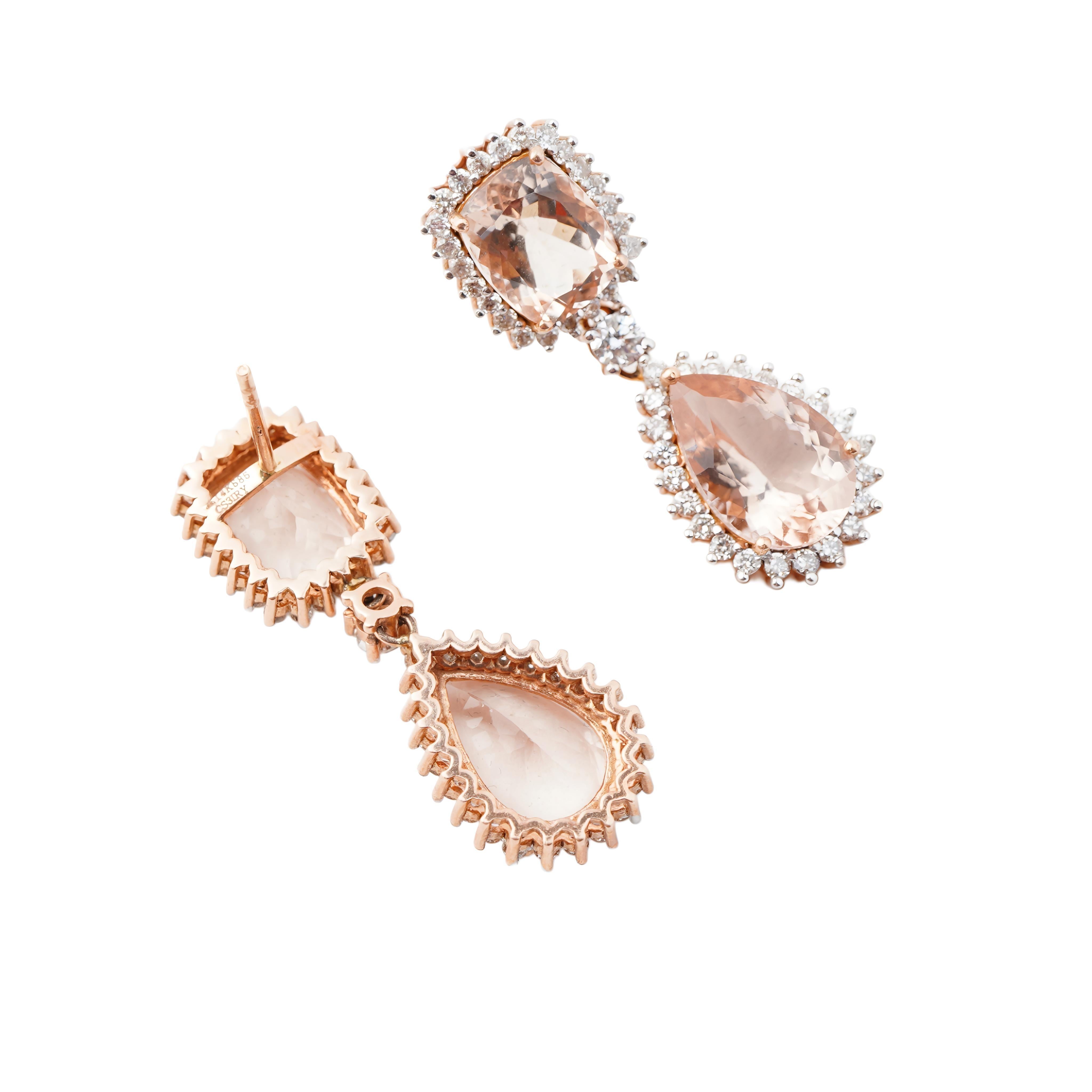 Taglio Asscher Orecchino con diamante di morganite naturale in oro 14k in vendita