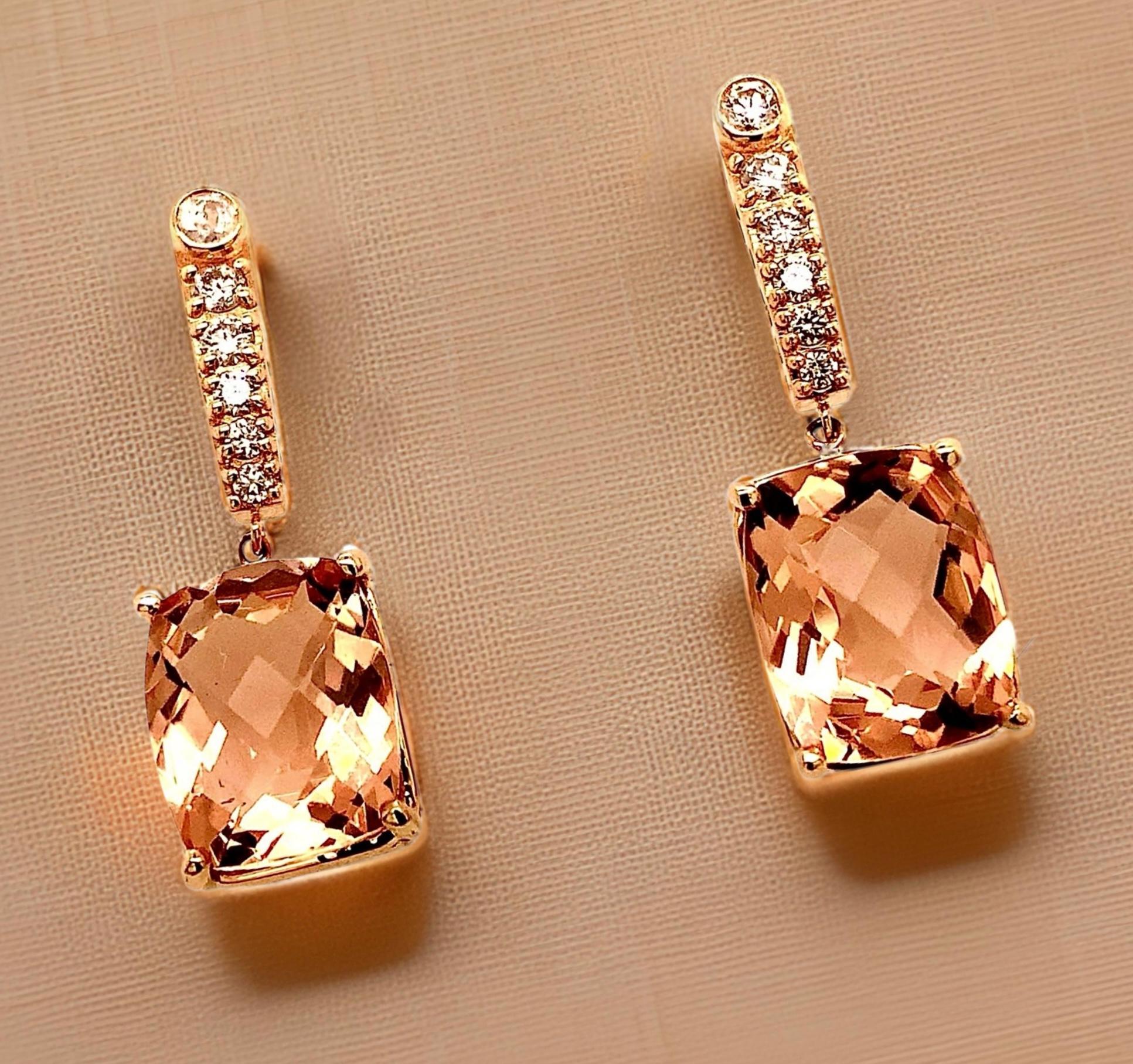 Cushion Cut Natural Morganite Diamond Earrings 14k Gold 9.93 TCW Certified For Sale