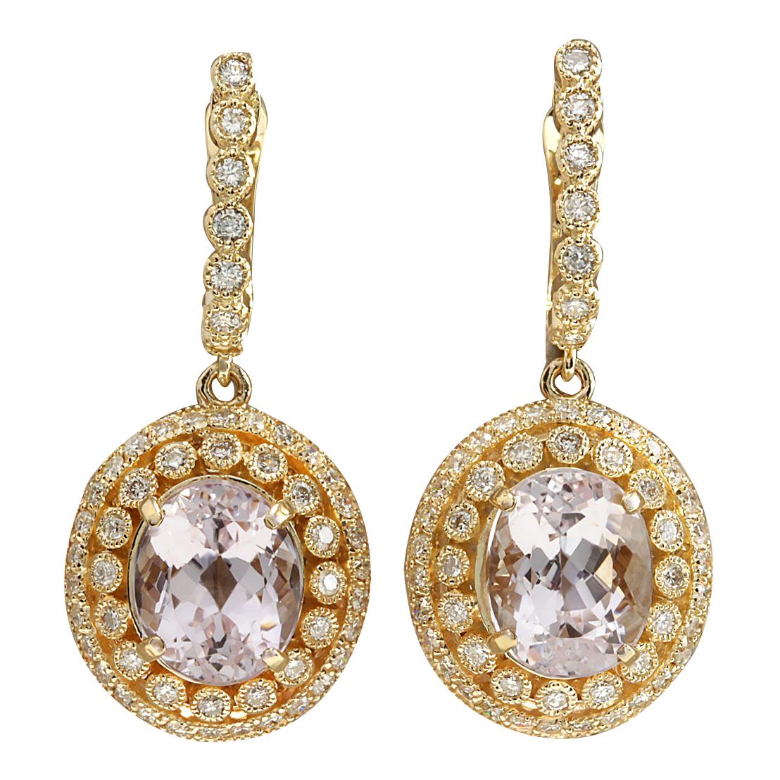 Oval Cut Natural Morganite Diamond Earrings In 14 Karat Yellow Gold  For Sale