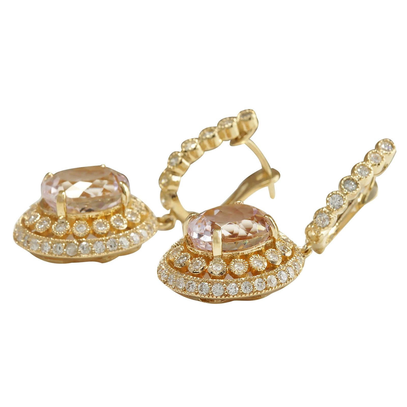 Natural Morganite Diamond Earrings In 14 Karat Yellow Gold  In New Condition For Sale In Los Angeles, CA