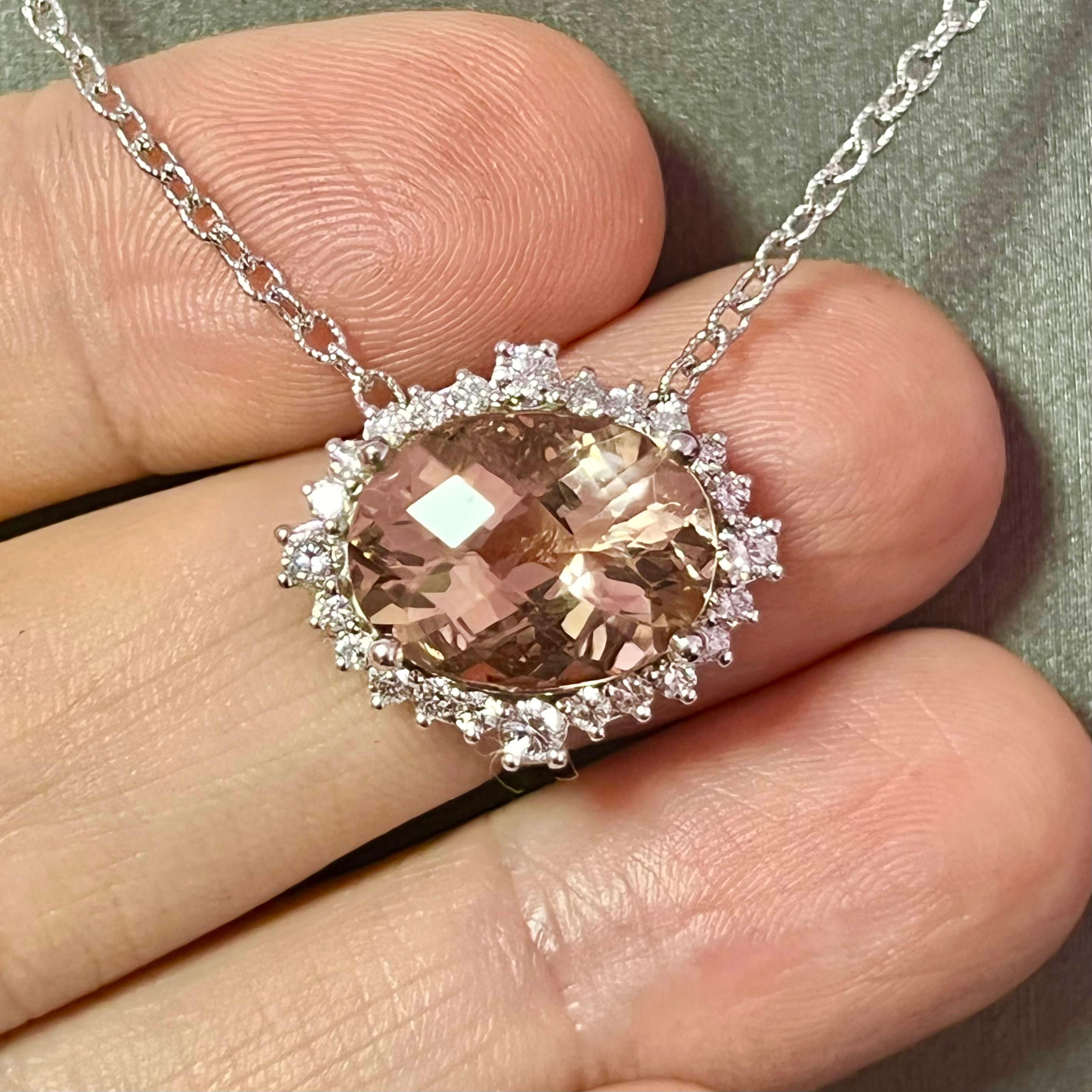 Oval Cut Natural Morganite Diamond Necklace 14k Gold 10.67 TCW Certified For Sale