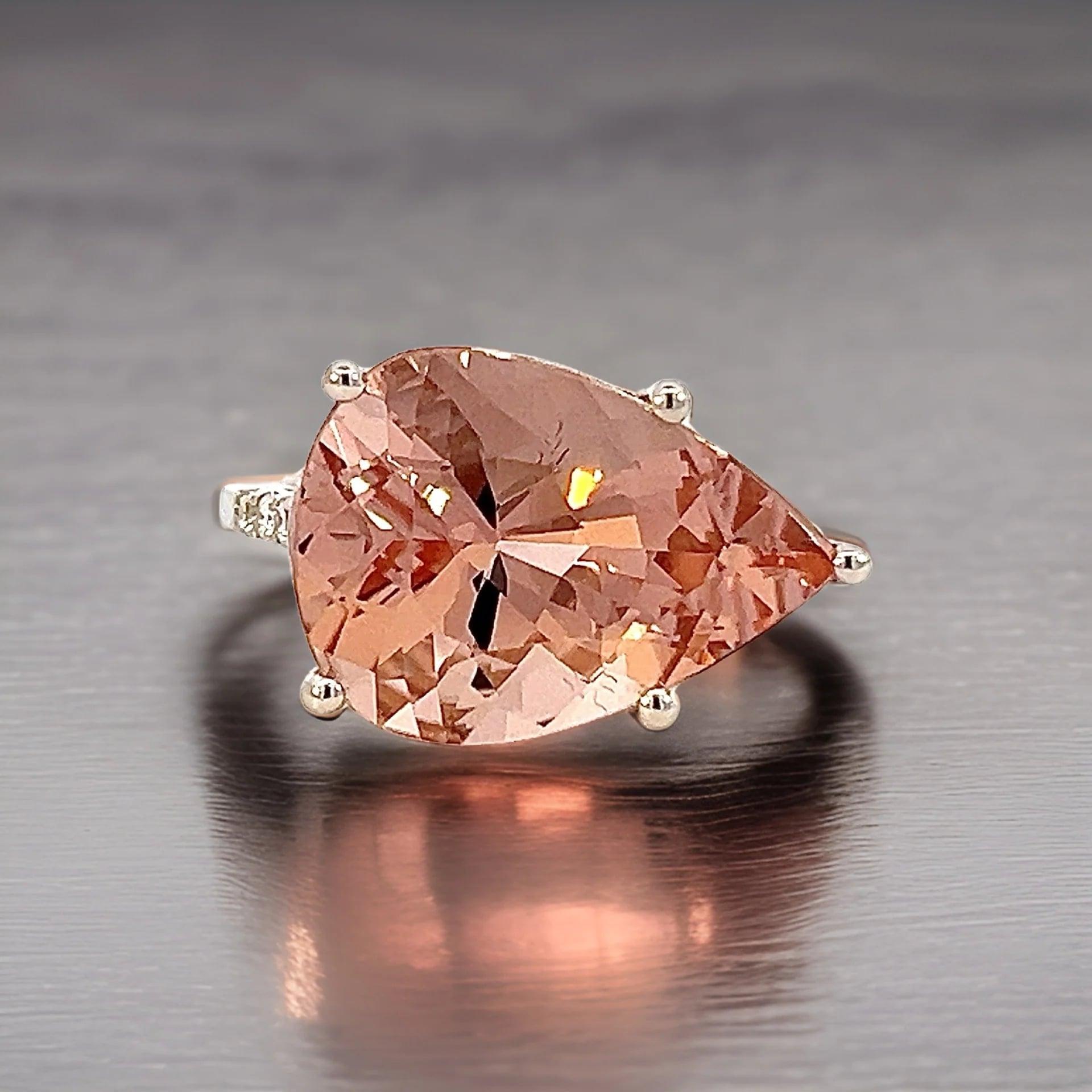 Pear Cut Natural Morganite Diamond Ring 6.5 14k White Gold 8.99 TCW Certified  For Sale