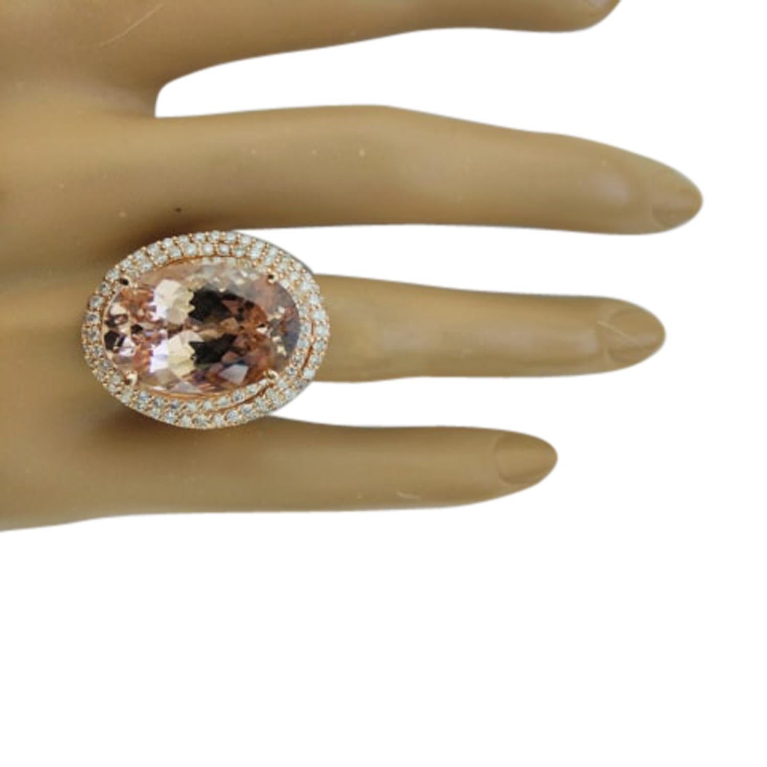 14.58 Carat Natural Morganite 14 Karat Solid Rose Gold Diamond Ring
Stamped: 14K 
Total Ring Weight: 12 Grams 
Morganite Weight: 13.38 Carat (18.00x13.00 Millimeters)  
Diamond Weight: 1.20 Carat (F-G Color, VS2-SI1 Clarity )
quantity: 92
Face