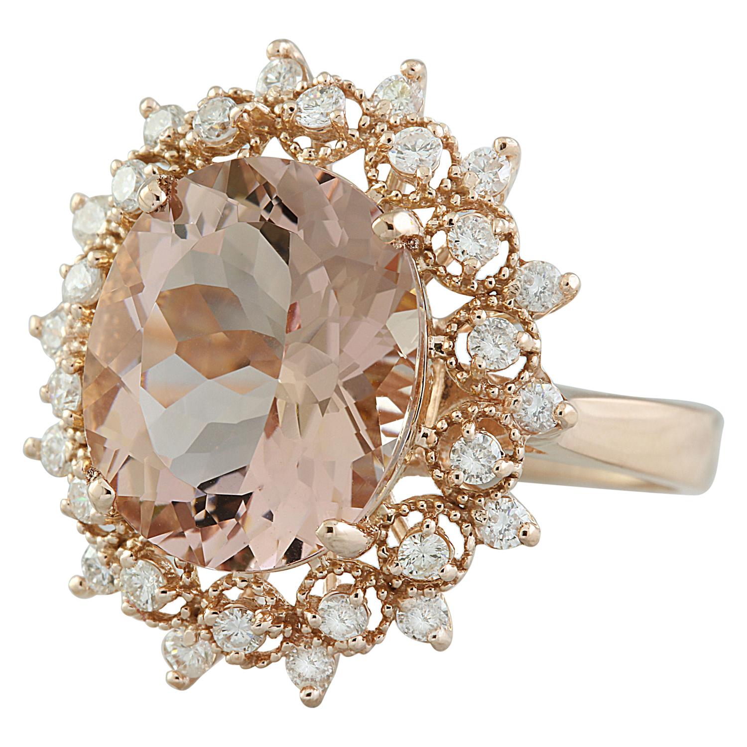6.01 Carat Natural Morganite 14 Karat Solid Rose Gold Diamond Ring
Stamped: 14K 
Total Ring Weight: 5 Grams 
Morganite Weight: 5.41 Carat (13.00x11.00 Millimeters)  
Diamond Weight: 0.60 Carat (F-G Color, VS2-SI1 Clarity )
Quantity: 28
Face