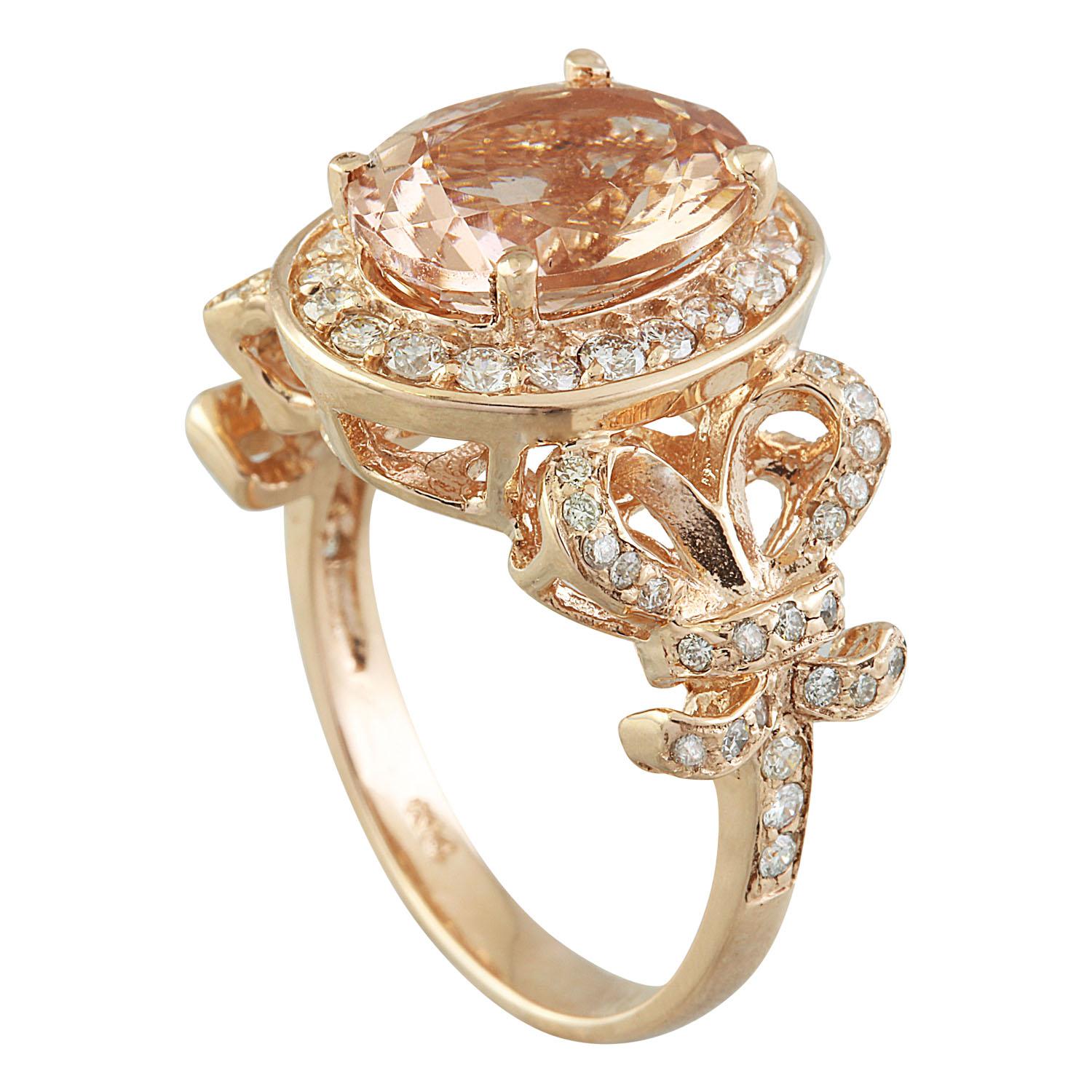 4.50 Carat Natural Morganite 14 Karat Solid Rose Gold Diamond Ring
Stamped: 14K 
Total Ring Weight: 8.2 Grams 
Morganite Weight 3.70 Carat (12.00x10.00 Millimeters)
Diamond Weight: 0.80 carat (F-G Color, VS2-SI1 Clarity )
Face Measures: 16.45x13.70