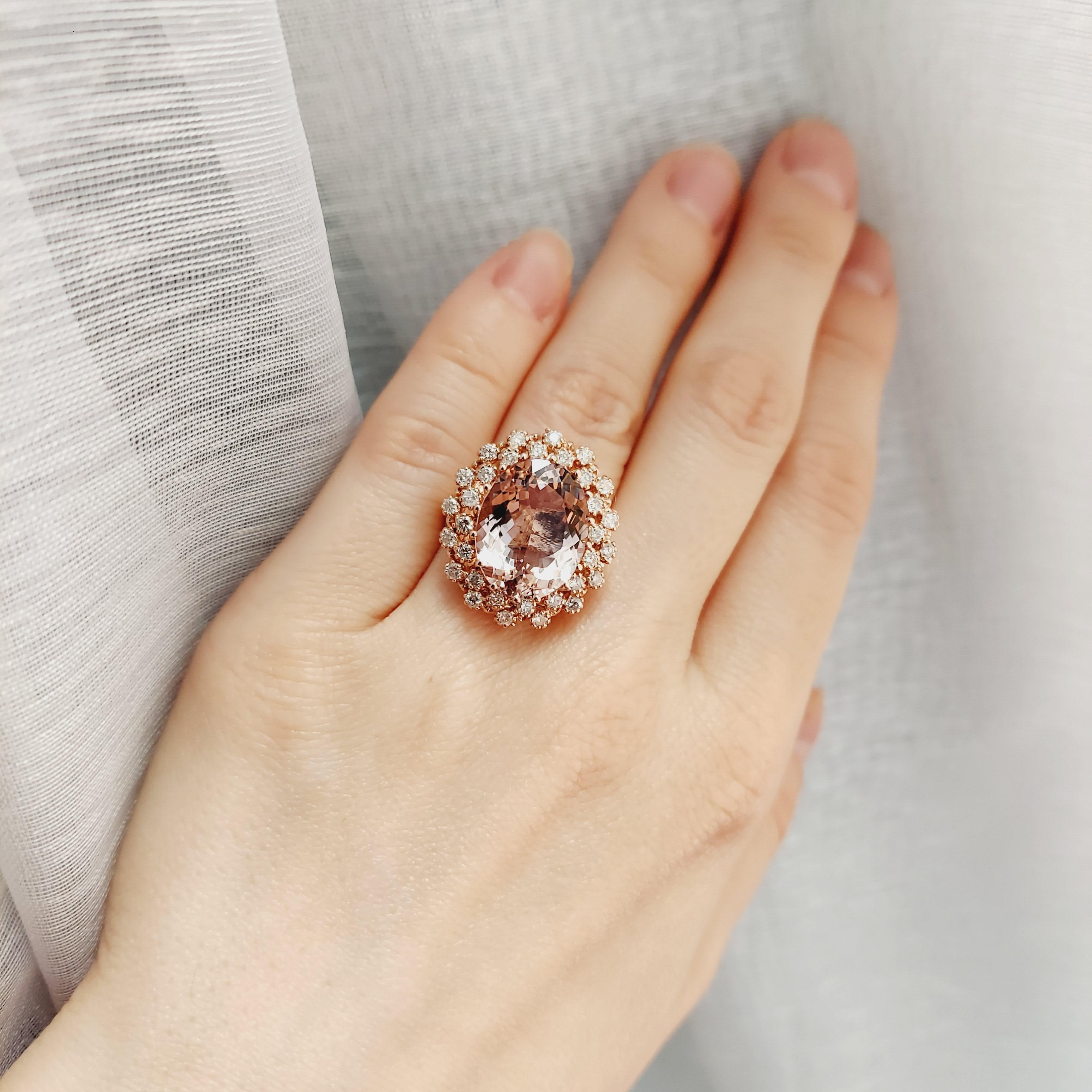 Women's Natural Morganite Diamond Ring In 14 Karat Solid Rose Gold For Sale
