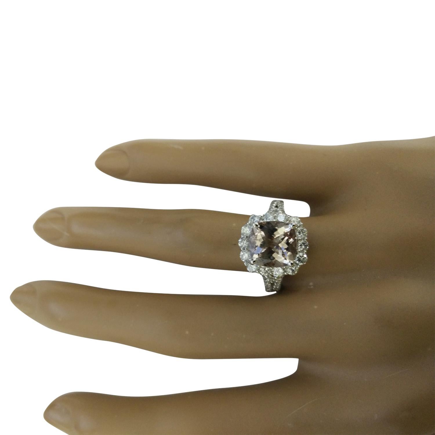 3.70 Carat Natural Morganite 14 Karat Solid White Gold Diamond Ring
Stamped: 14K 
Total Ring Weight: 5 Grams 
Morganite Weight: 2.60 Carat (9.00x9.00 Millimeters)  
Diamond Weight: 1.10 Carat (F-G Color, VS2-SI1 Clarity )
Face Measures: 13.85x12.90
