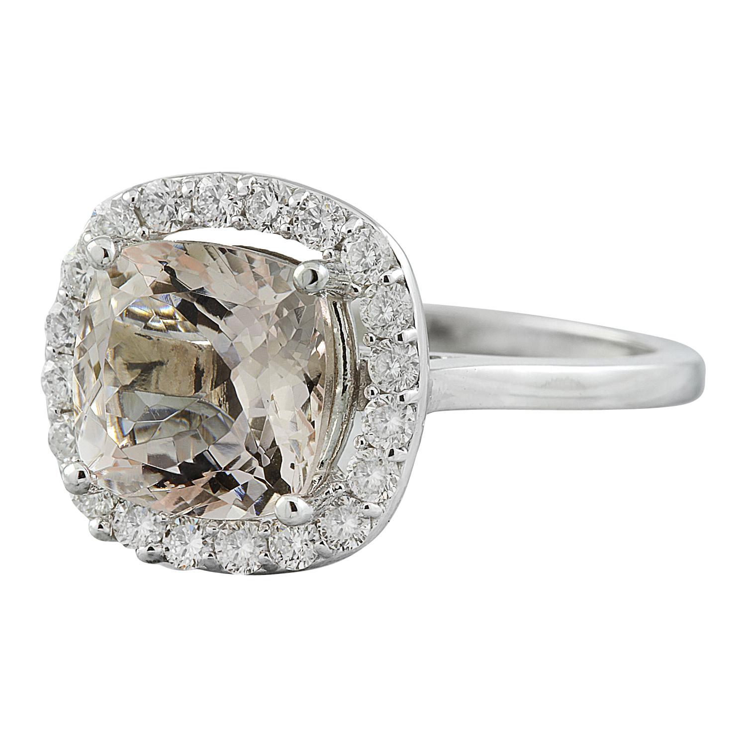 3.56 Carat Natural Morganite 14 Karat Solid White Gold Diamond Ring
Stamped: 14K 
Ring Size 7
Total Ring Weight: 4.1 Grams 
Morganite Weight 3.06 Carat (9.00x9.00 Millimeters)
Natural Morganite Treatment: Heating Only
Diamond Weight: 0.50 Carat (F-G