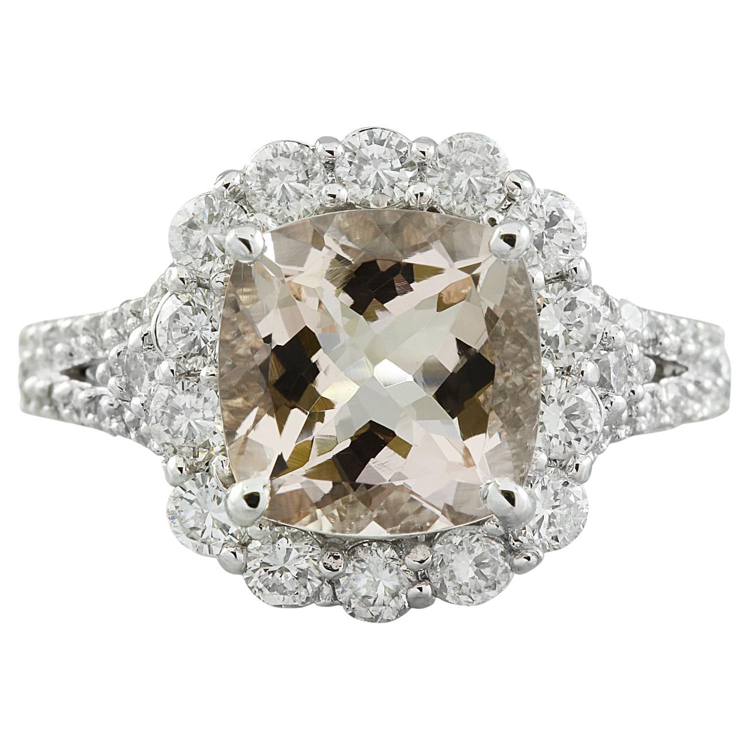 Natural Morganite Diamond Ring In 14 Karat Solid White Gold For Sale