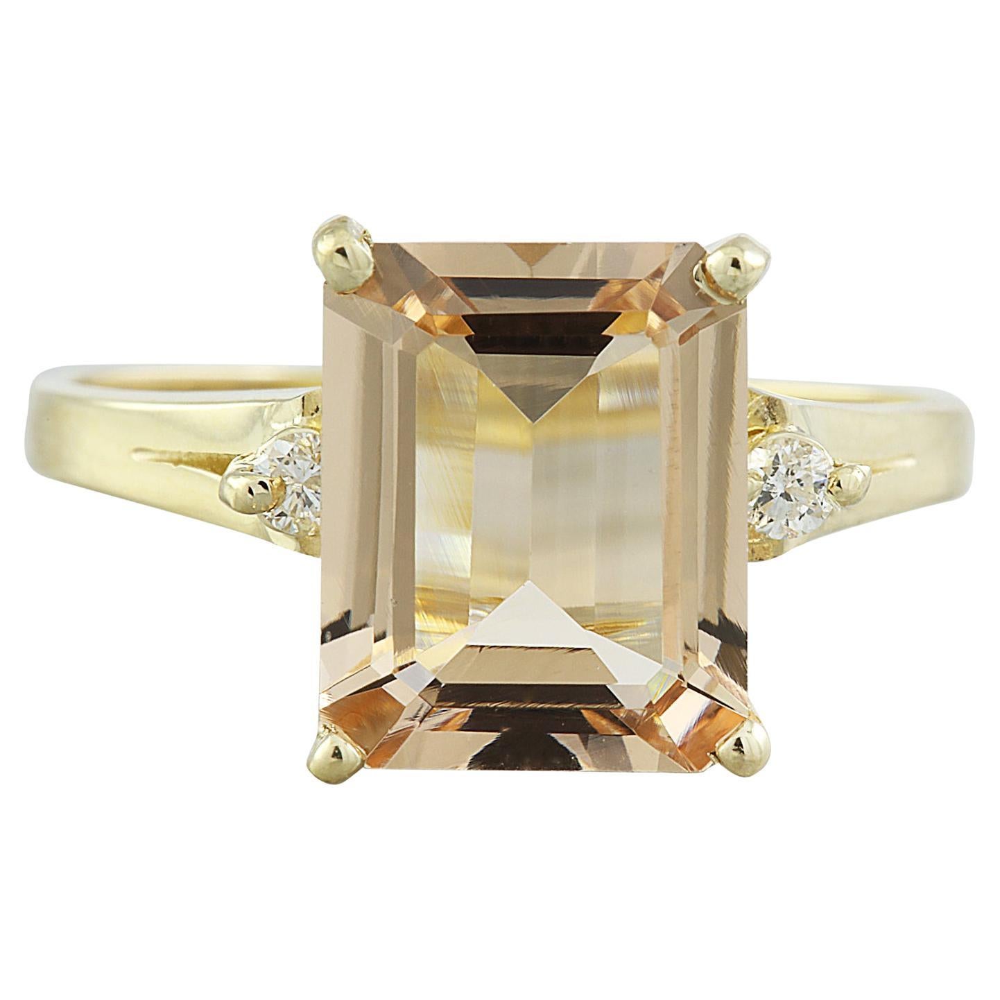 Radiant Morganite and Diamond Ring in 14K Solid Yellow Gold For Sale