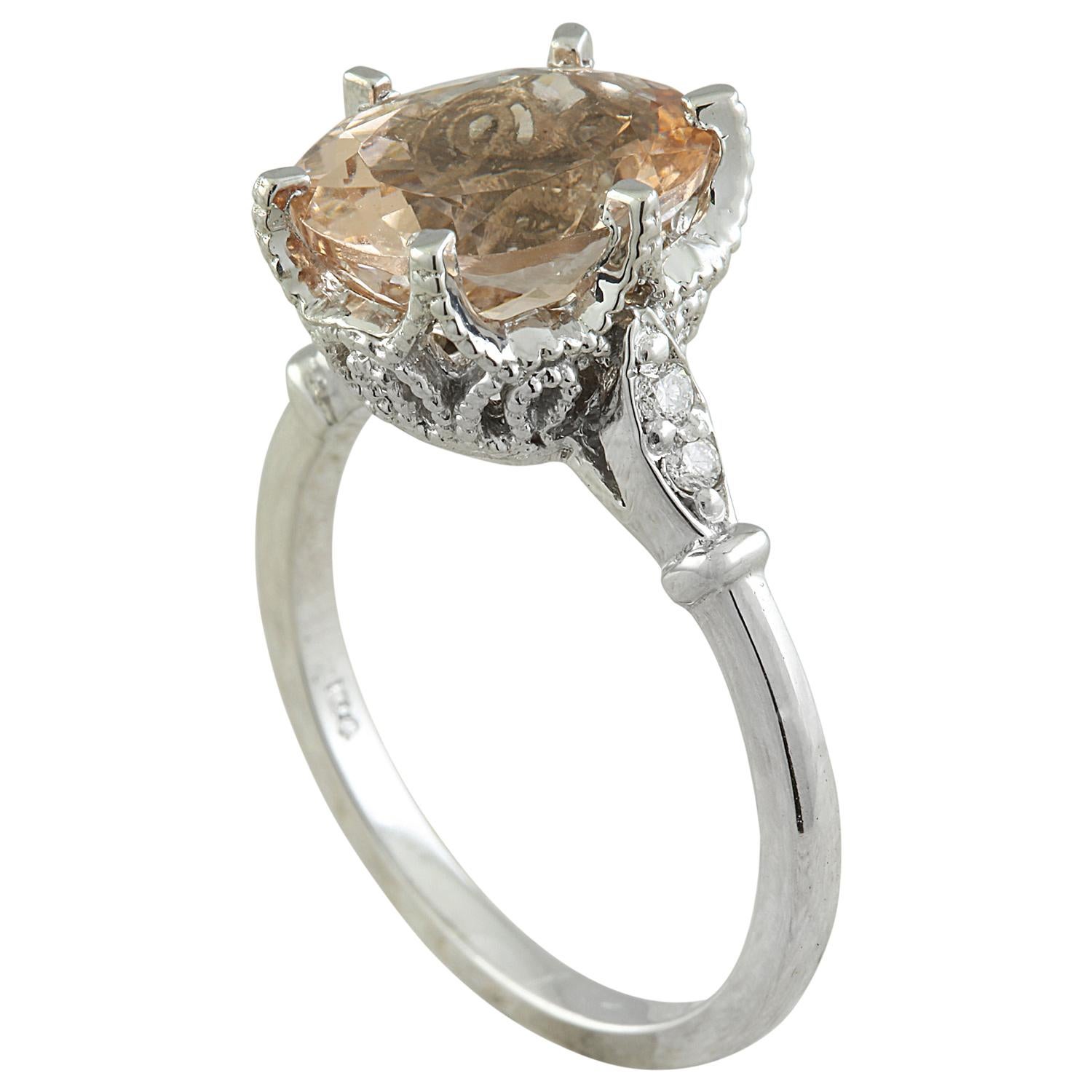 3.41 Carat Natural Morganite 14 Karat Solid White Gold Diamond Ring
Stamped: 14K 
Total Ring Weight: 4.2 Grams 
Morganite Weight: 3.26 Carat (11.00x9.00 Millimeters)  
Diamond Weight: 0.15 Carat (F-G Color, VS2-SI1 Clarity )
Quantity:4
Face