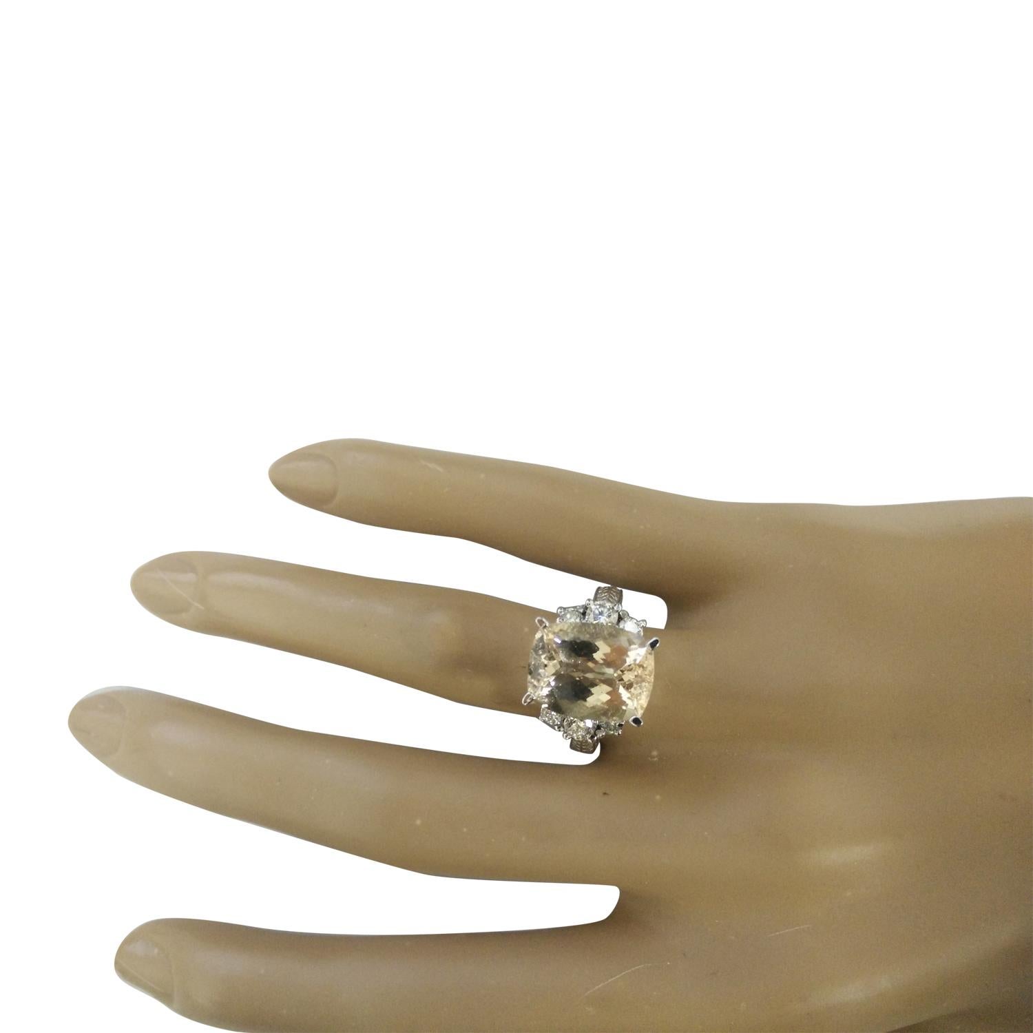 6.69 Carat Natural Morganite 14 Karat Solid White Gold Diamond Ring
Stamped: 14K 
Total Ring Weight: 7.5 Grams 
Morganite Weight: 6.09 Carat (12.00x10.00 Millimeters)  
Diamond Weight: 0.60 Carat (F-G Color, VS2-SI1 Clarity )
Diamond Quantity: