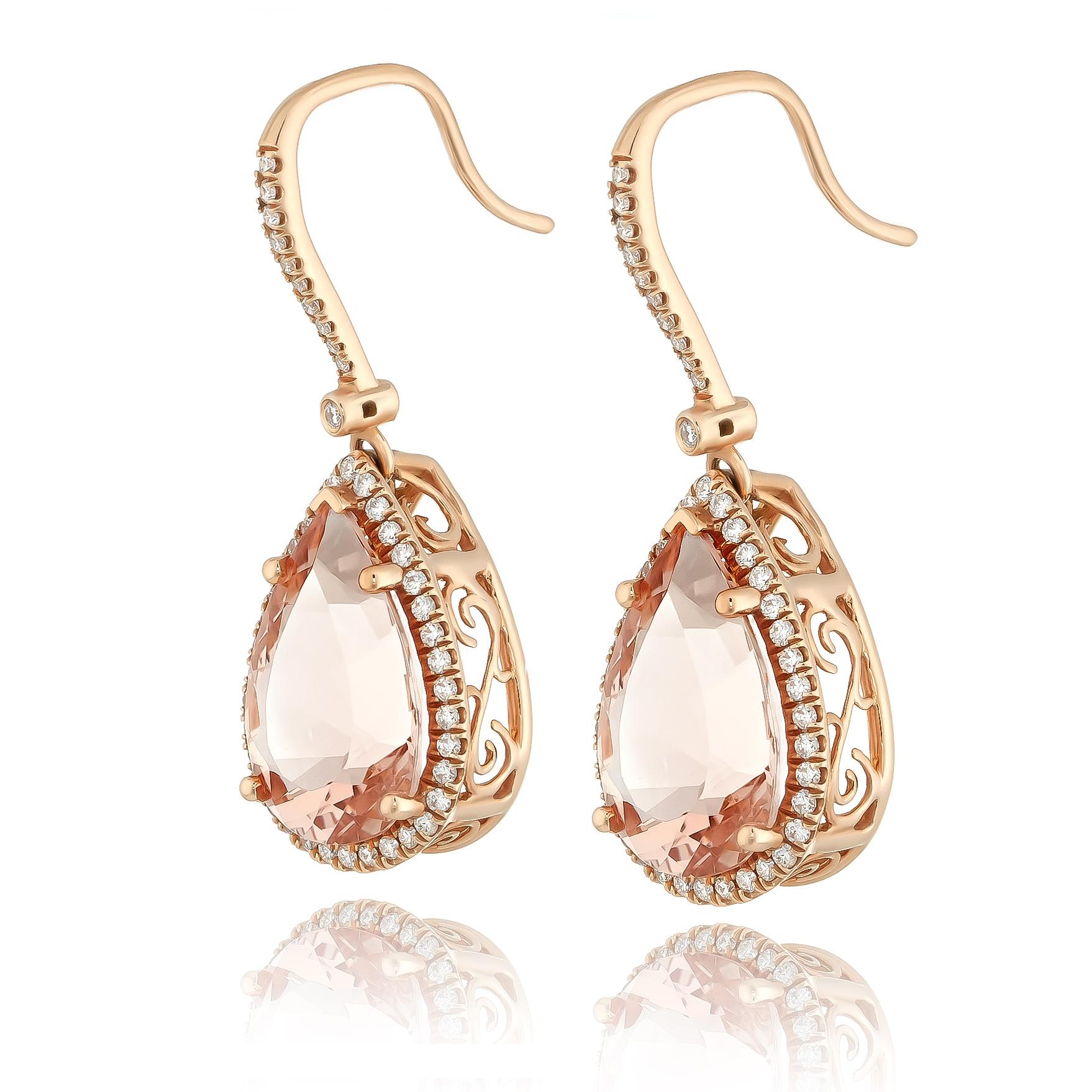 Discover the romantic charm of these 14K rose gold earrings, showcasing stunning pear-shaped morganites accented by sparkling diamonds. The soft pink hue of the morganites, paired with brilliant round diamonds, creates an elegant and timeless
