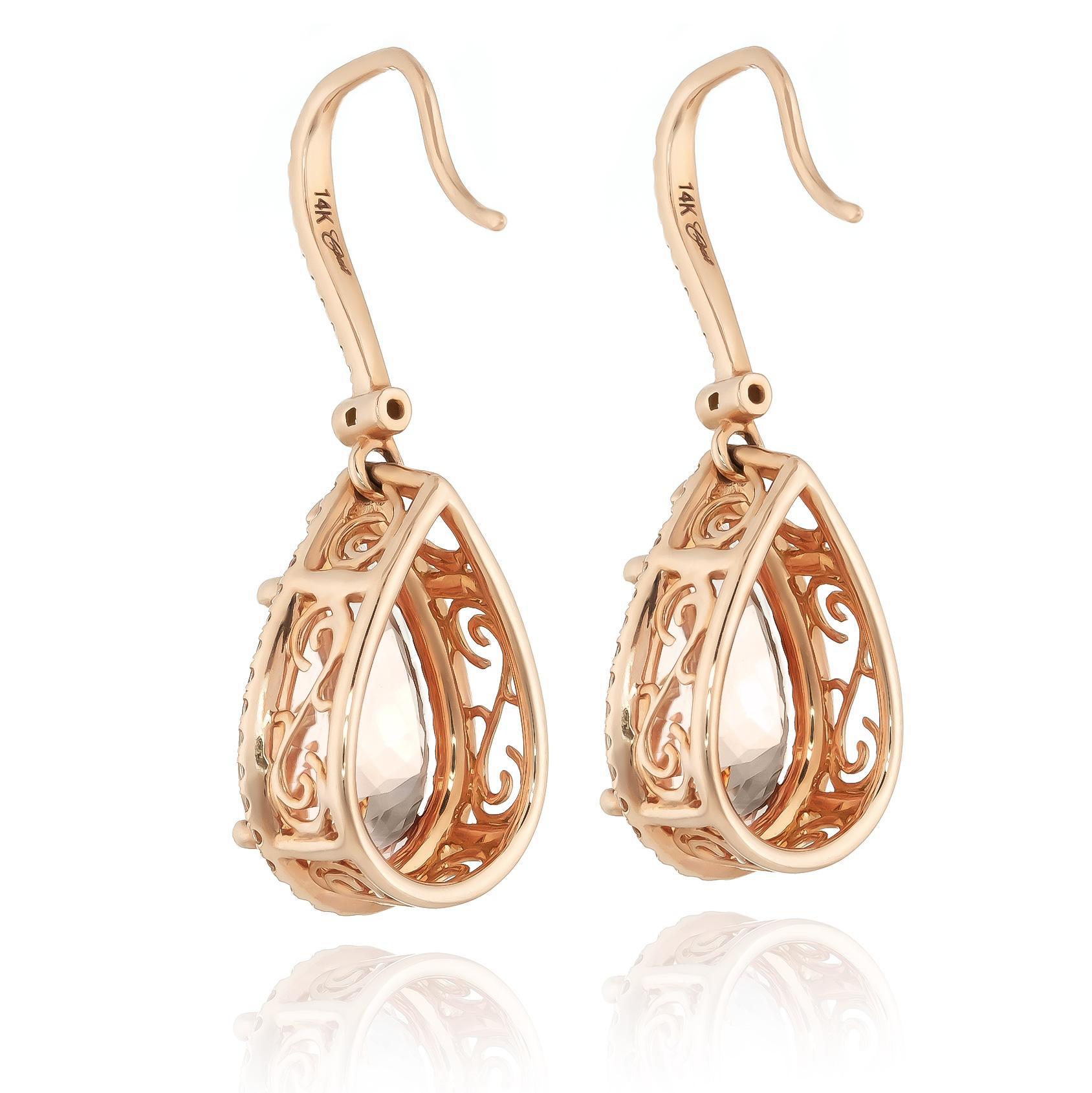Mixed Cut Natural Morganite Stones 10.77 carats in 14K Rose Gold Earrings with Diamonds For Sale