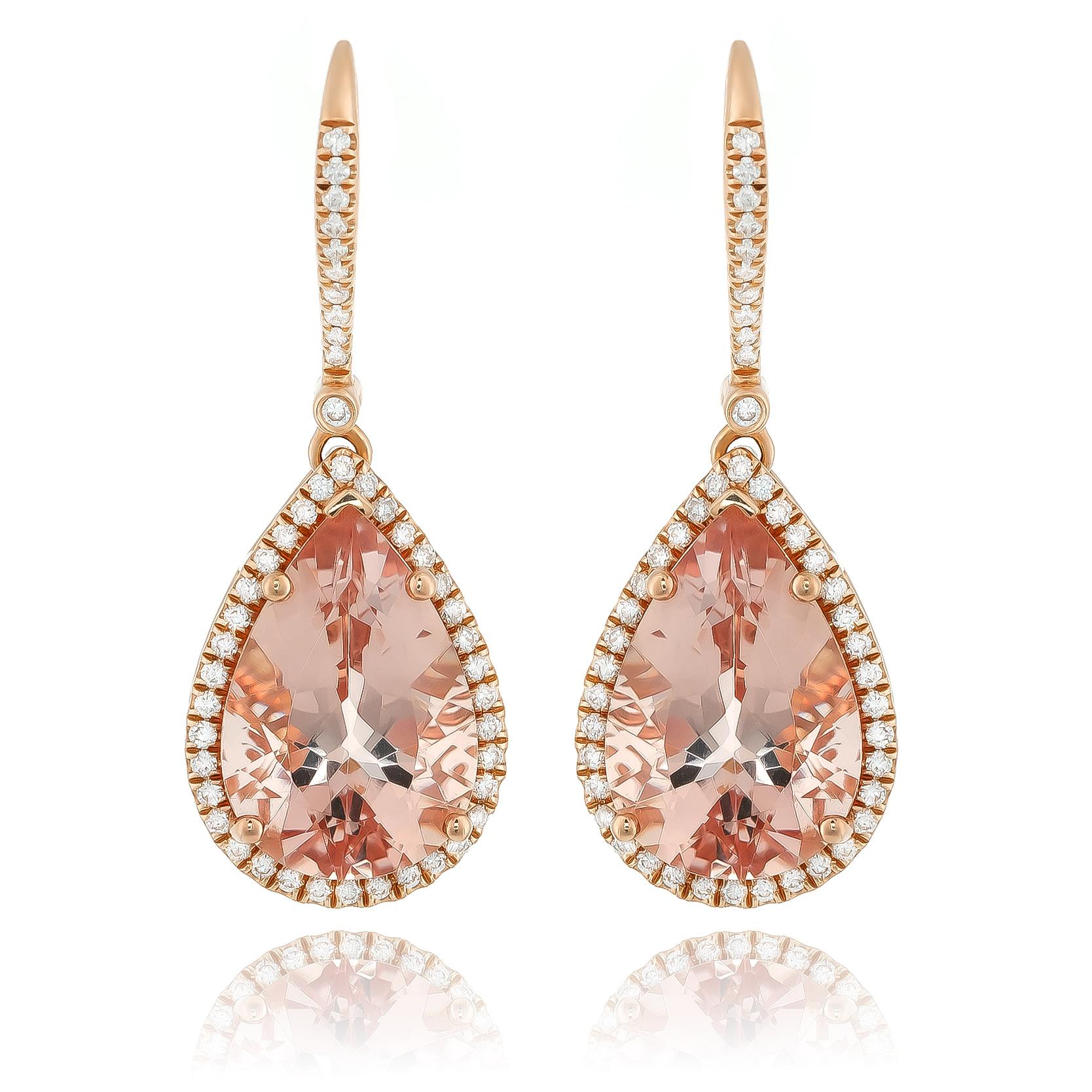 Natural Morganite Stones 10.77 carats in 14K Rose Gold Earrings with Diamonds In New Condition For Sale In Los Angeles, CA