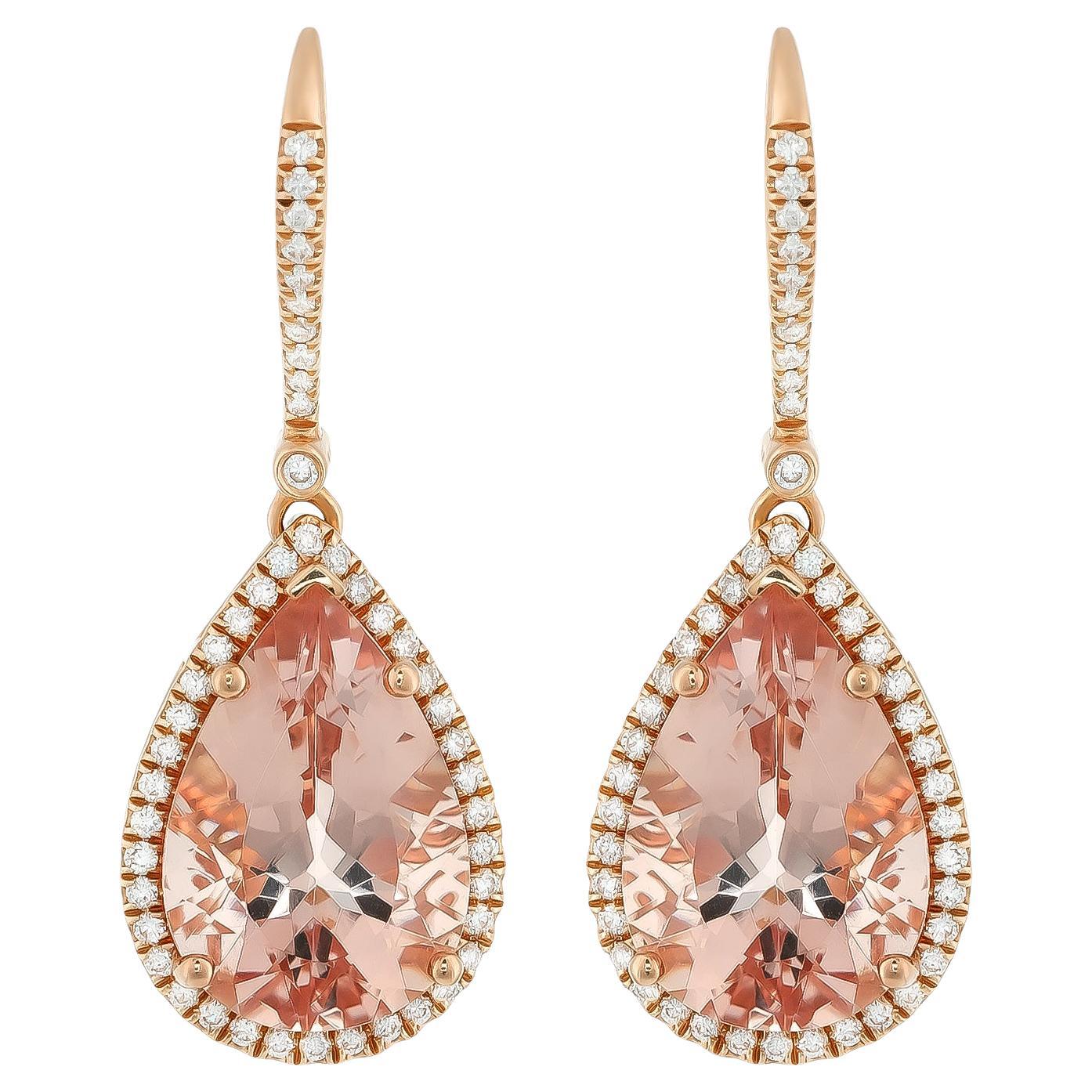 Natural Morganite Stones 10.77 carats in 14K Rose Gold Earrings with Diamonds