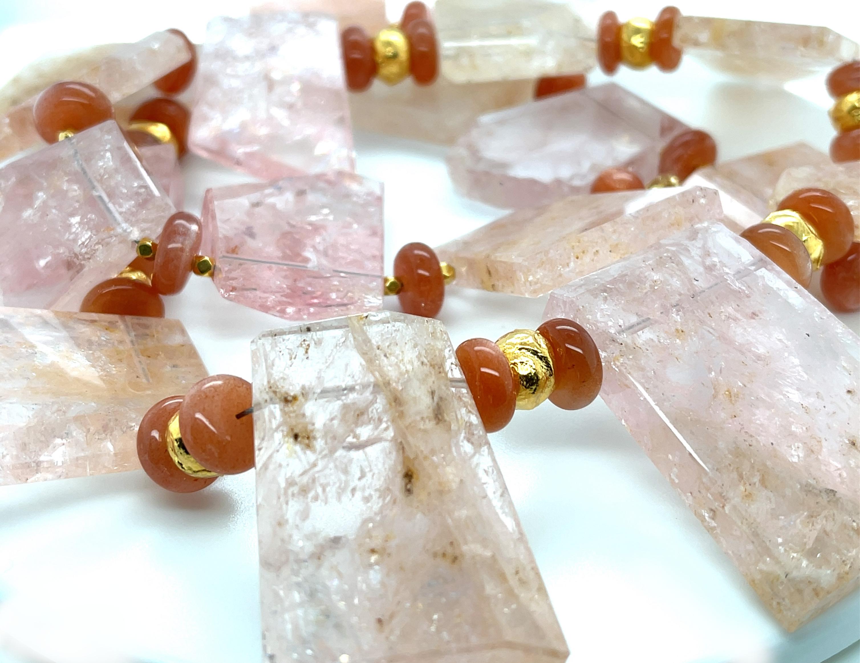 Artisan Natural Morganite Tile Bead Necklace with Persimmon Moonstones and Yellow Gold For Sale