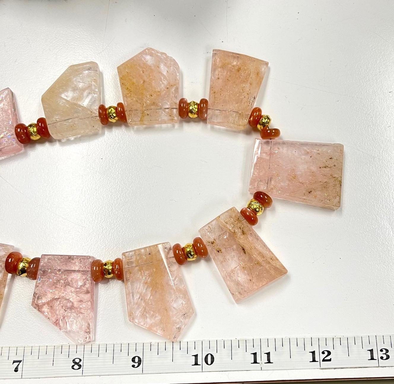 Natural Morganite Tile Bead Necklace with Persimmon Moonstones and Yellow Gold For Sale 3