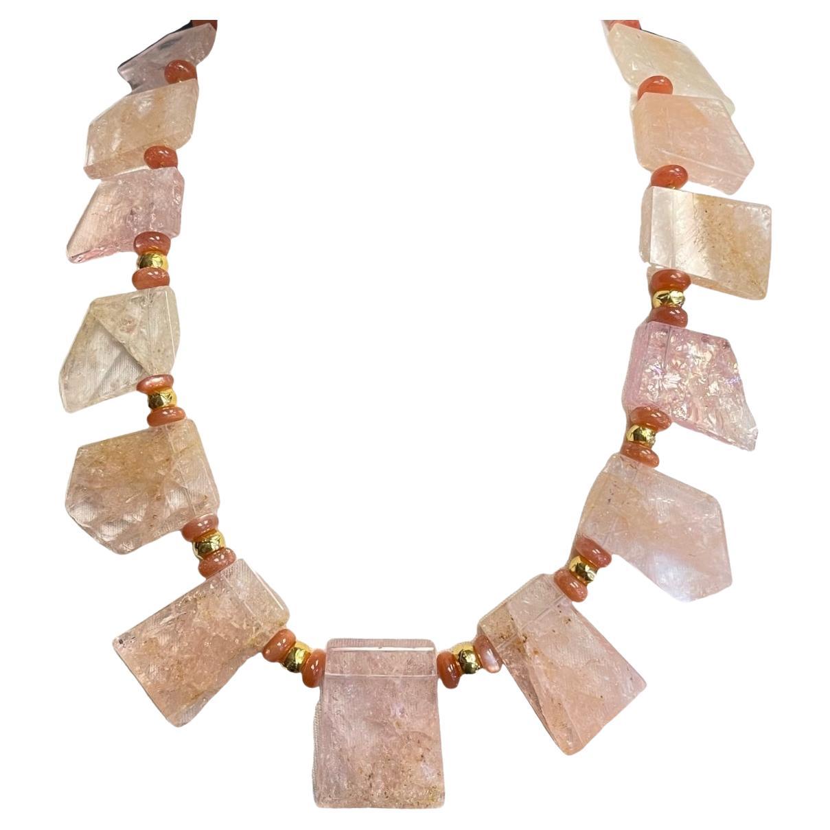 Natural Morganite Tile Bead Necklace with Persimmon Moonstones and Yellow Gold For Sale