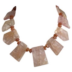 Natural Morganite Tile Bead Necklace with Persimmon Moonstones and Yellow Gold