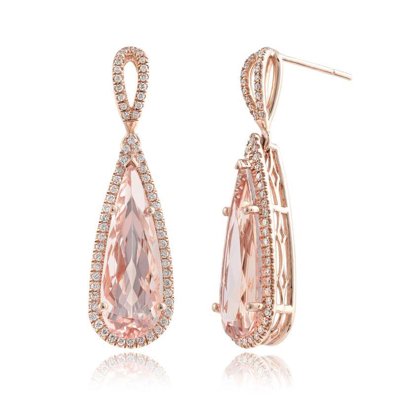 Lovely gemstones set in rose gold, these 9.52 carats mystical Morganites add a touch of fresh sexiness to these earrings. Set in 14K Gold, there will be no denying the durability of these earrings paired with the everlasting salmon colored beryl.