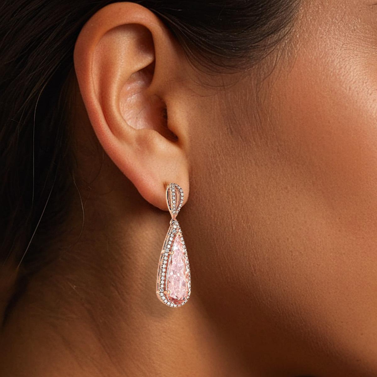 Mixed Cut Natural Morganites 9.52 Сarats set in 14K Rose Gold Earrings with Diamonds For Sale