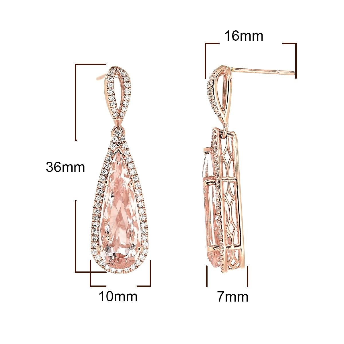 Women's Natural Pink Morganite Stones 9.52 cts in 14K Rose Gold Earrings with Diamonds For Sale