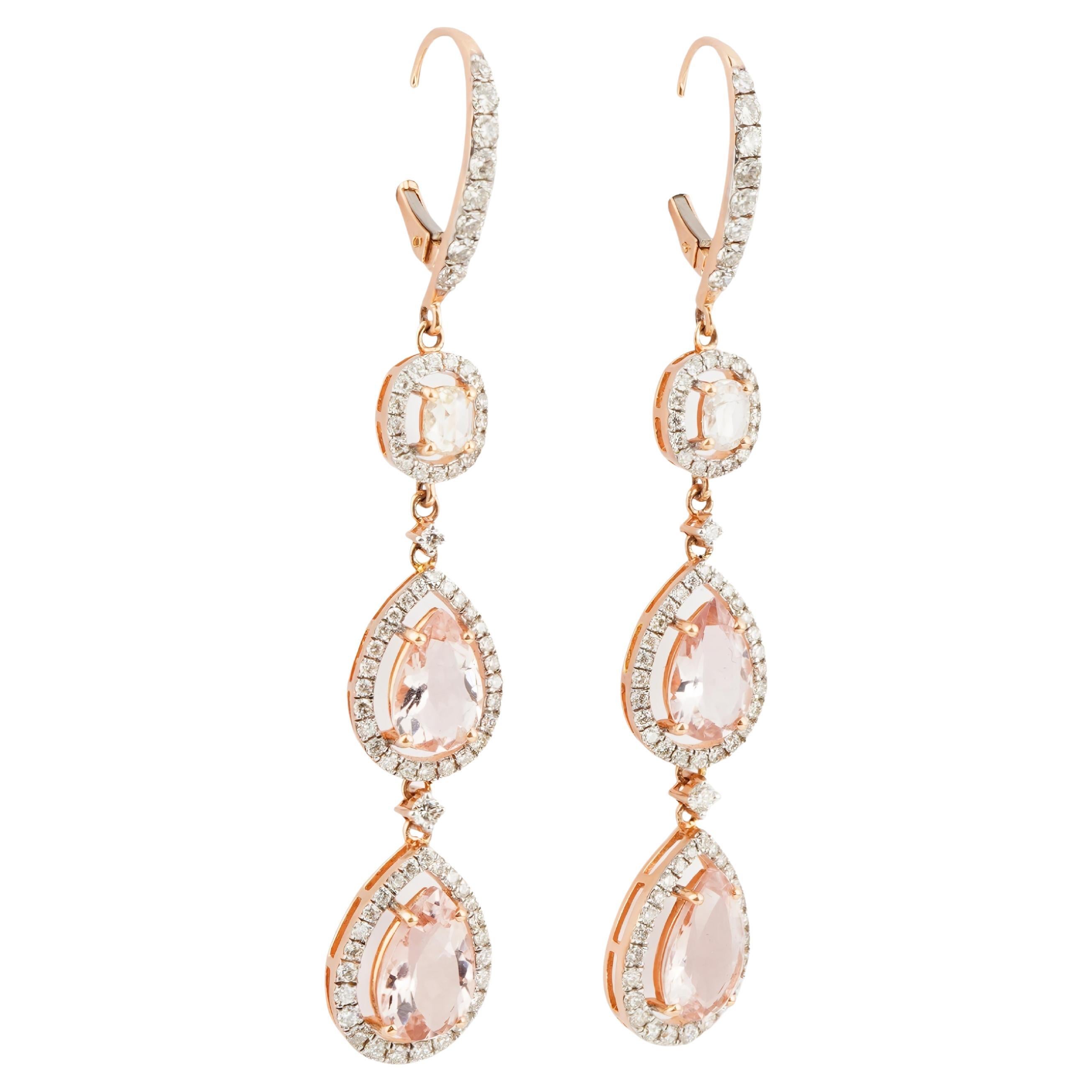 Boucle d'oreille rosecut en or 18k avec diamant en morgenite naturelle