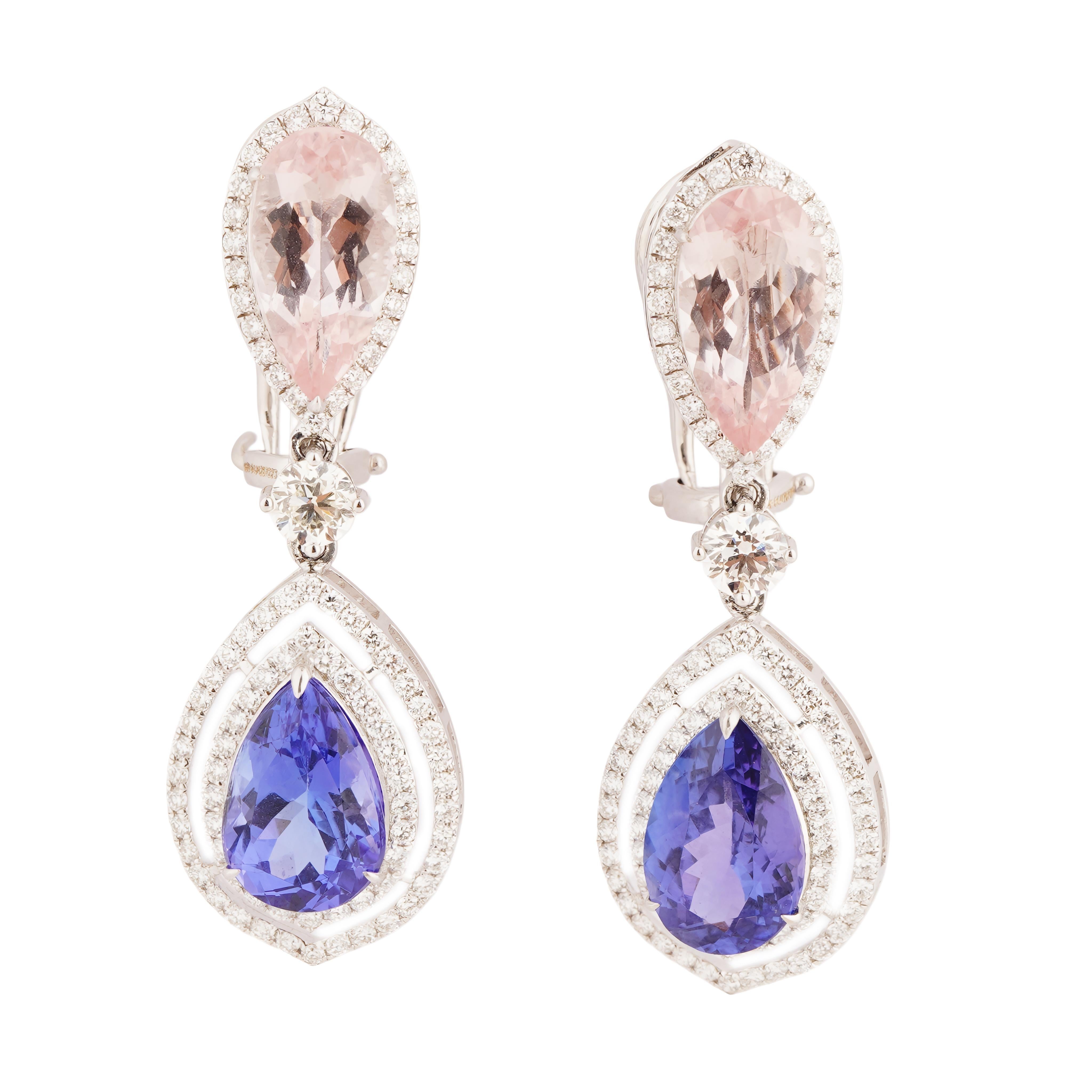 Taille Asscher Boucle d'oreille en or 18k avec morgénite naturelle, tanzanite et diamant en vente