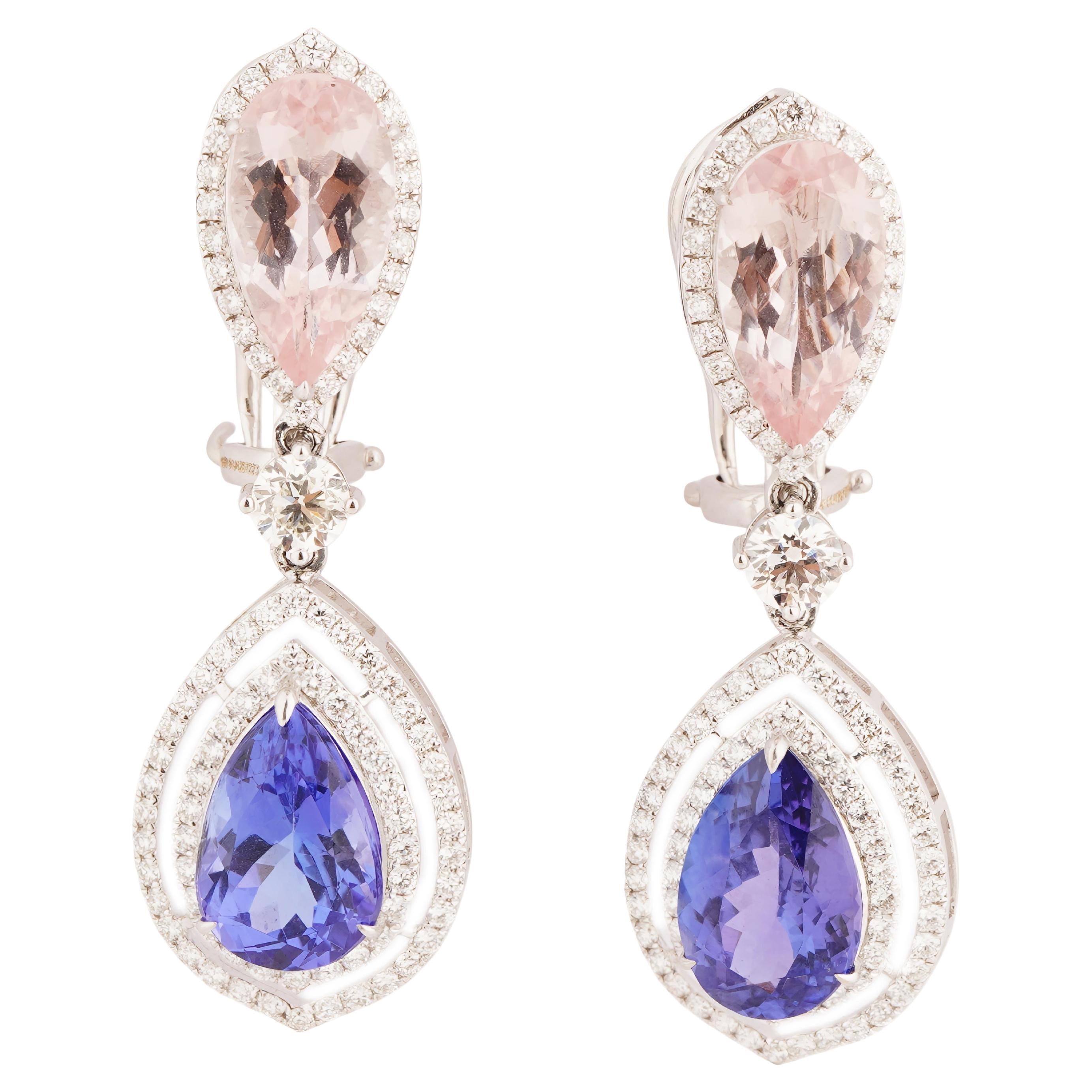 Boucle d'oreille en or 18k avec morgénite naturelle, tanzanite et diamant en vente