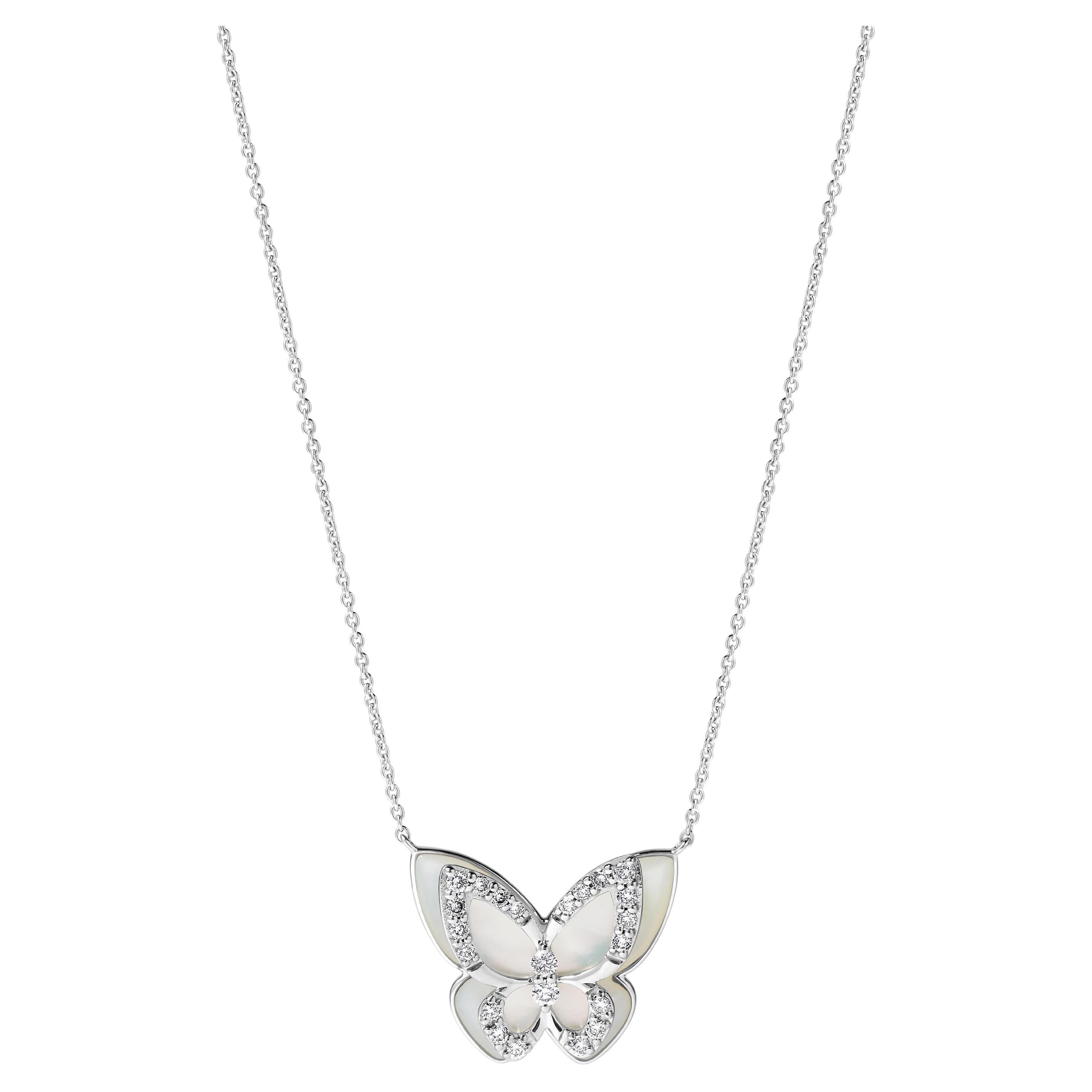 Natural Mother of Pearl and White Diamond 4.65 Carat TW Gold Butterfly Necklace For Sale