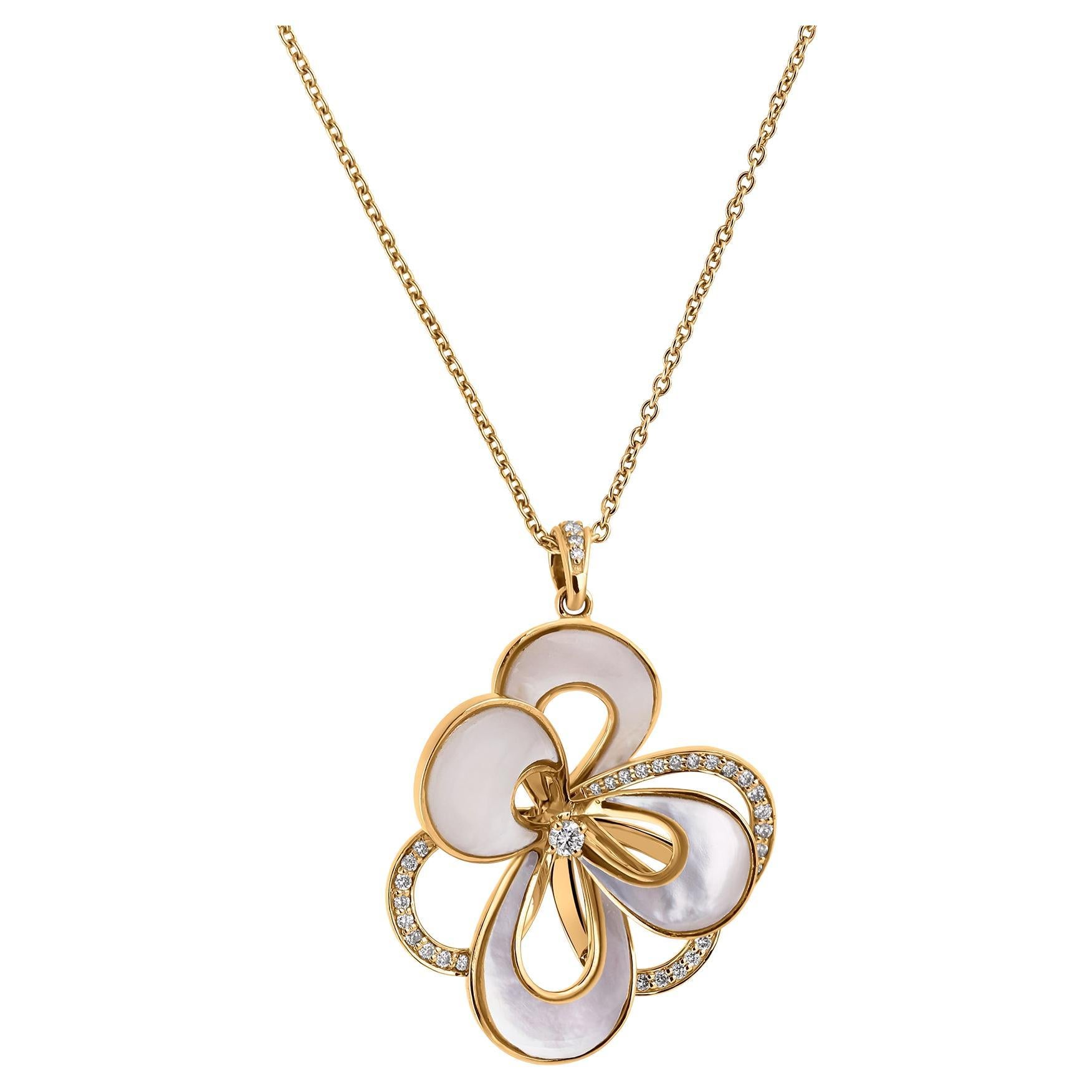 Collier pendentif floral en or jaune 18 carats avec diamants en nacre naturelle