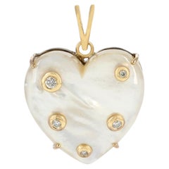 Natural Mother of Pearl Gemstone Solid 14k Yellow Gold Diamond Heart Pendant