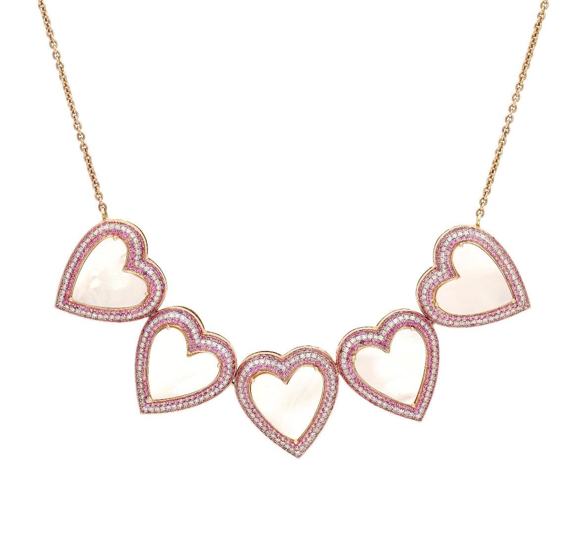 Naturale  Collana con cuore in madreperla e zaffiro rosa in oro 14 carati in vendita 2