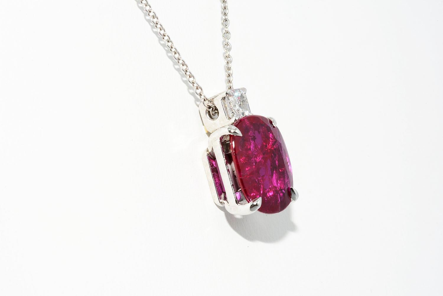 Cushion Cut Natural Mozambique No Heat Ruby and Diamond Platinum Necklace