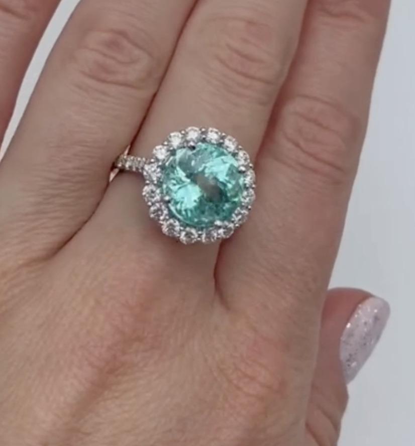 Contemporary Natural Paraiba Tourmaline Gemstone 6.26 cts in Platinum Ring w Dia / GIA Report For Sale